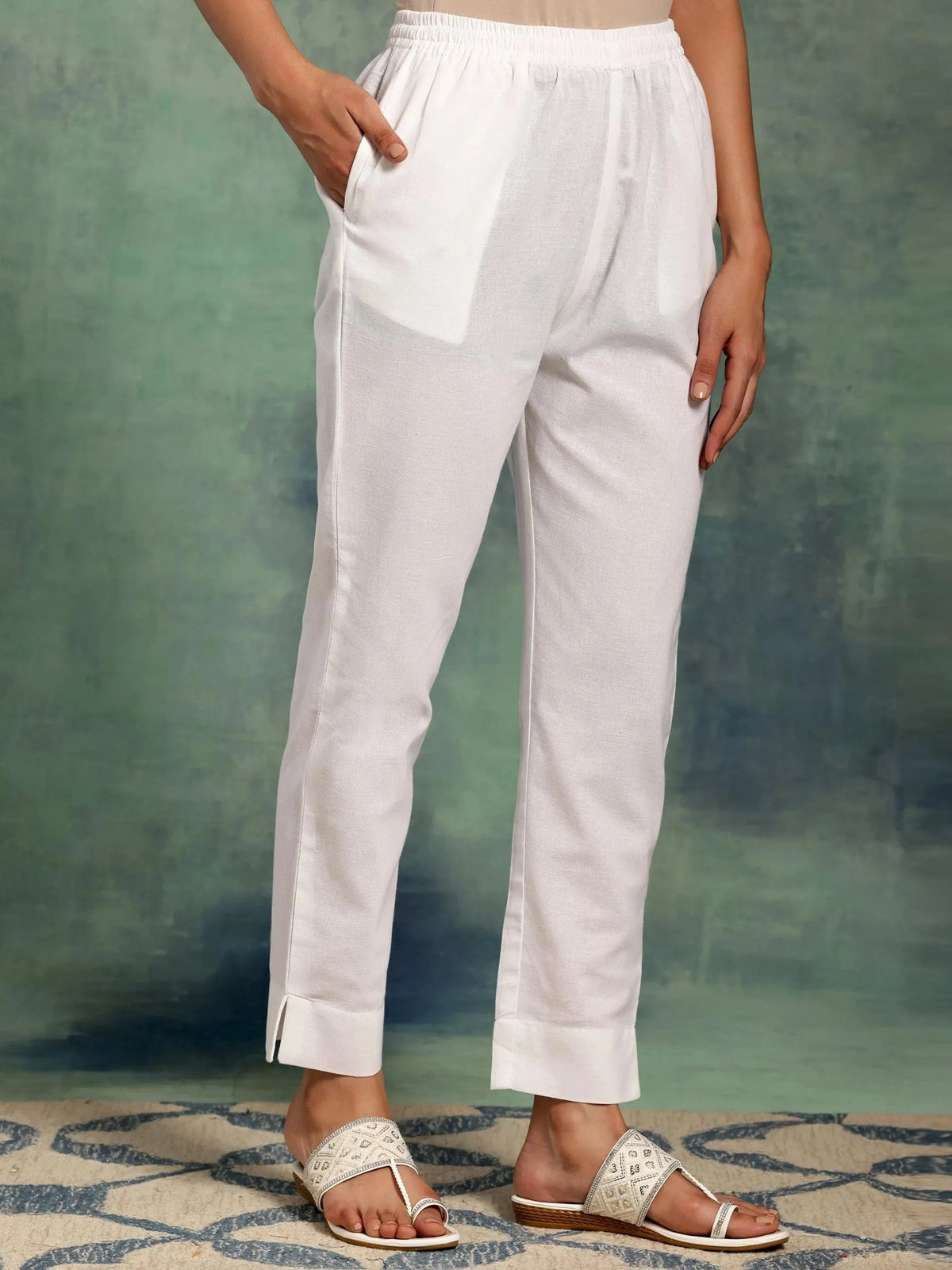 Anouk White Solid Cotton Straight Fit Trousers