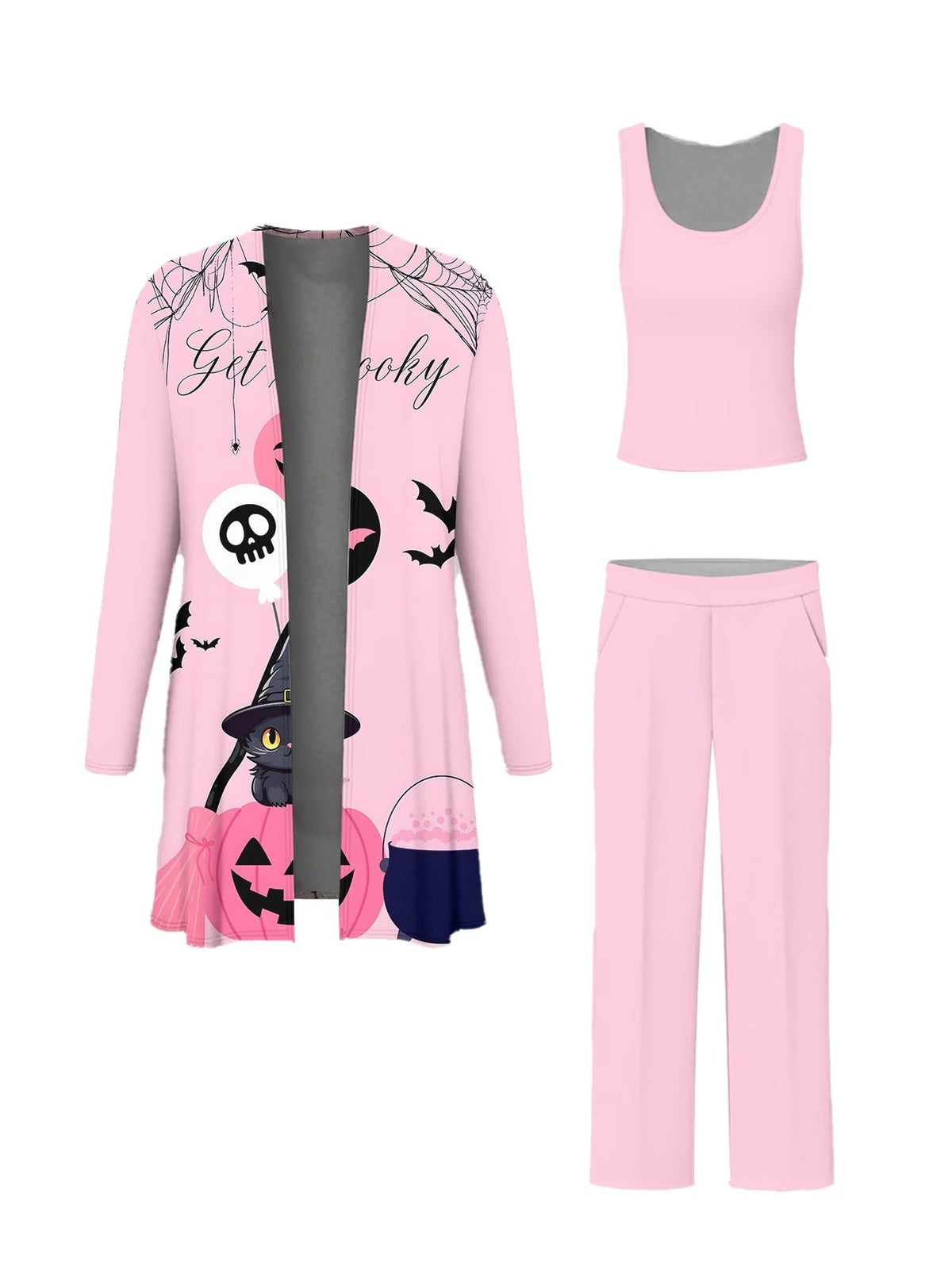 Plus-Size Halloween Printed 3-Piece Set – Fitted Camisole, Casual Pants & Stylish Outer Jacket for Women