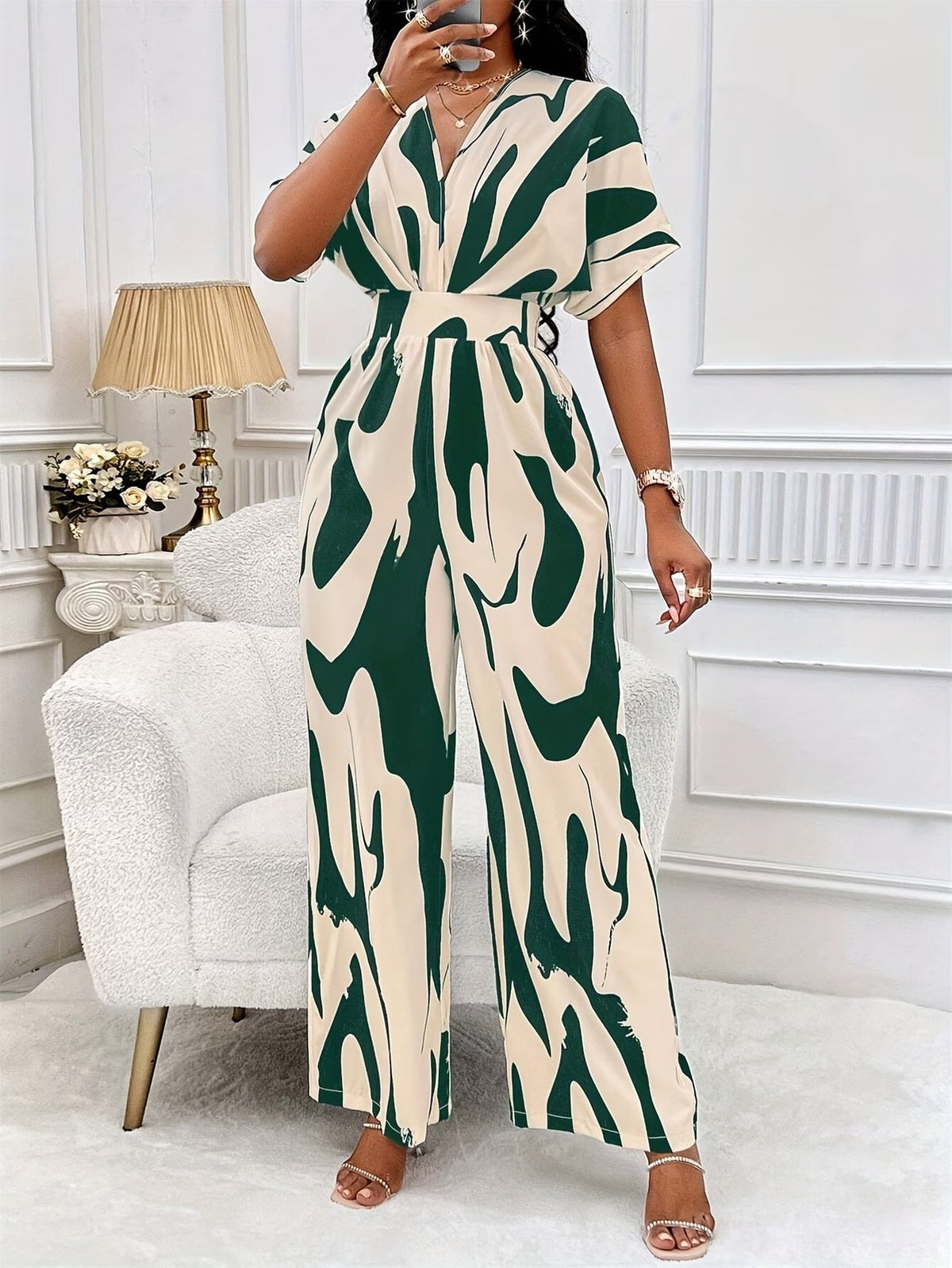 Women’s Color Block V-Neck Jumpsuit – Elegant Short Sleeve Wide-Leg One-Piece Outfit with Comfortable Waist Fit for Spring & Summer