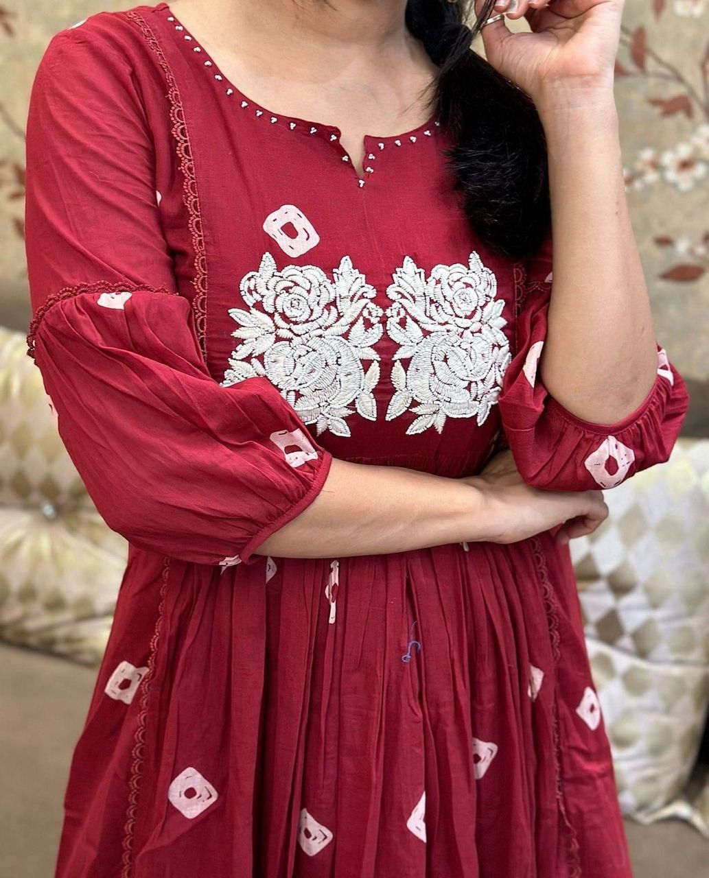 Bandage Discharge Print Cotton Kurta Pant Set with Adda & Embroidered Lace Work