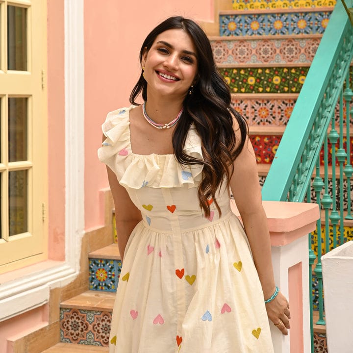 Cream Frill Dress - Crafted from Cotton with Allover Heart Print