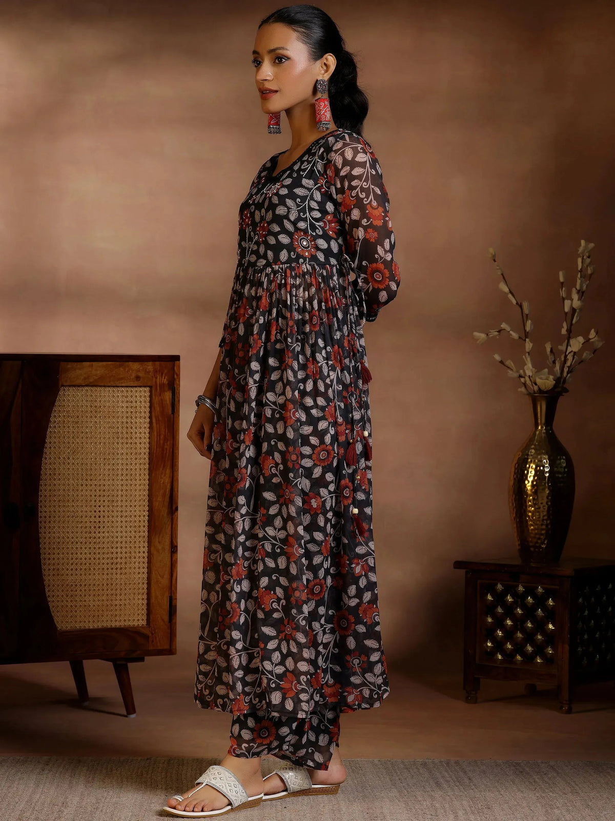Anouk Black Printed Poly Chiffon A-Line Kurta With Palazzos & Dupatta