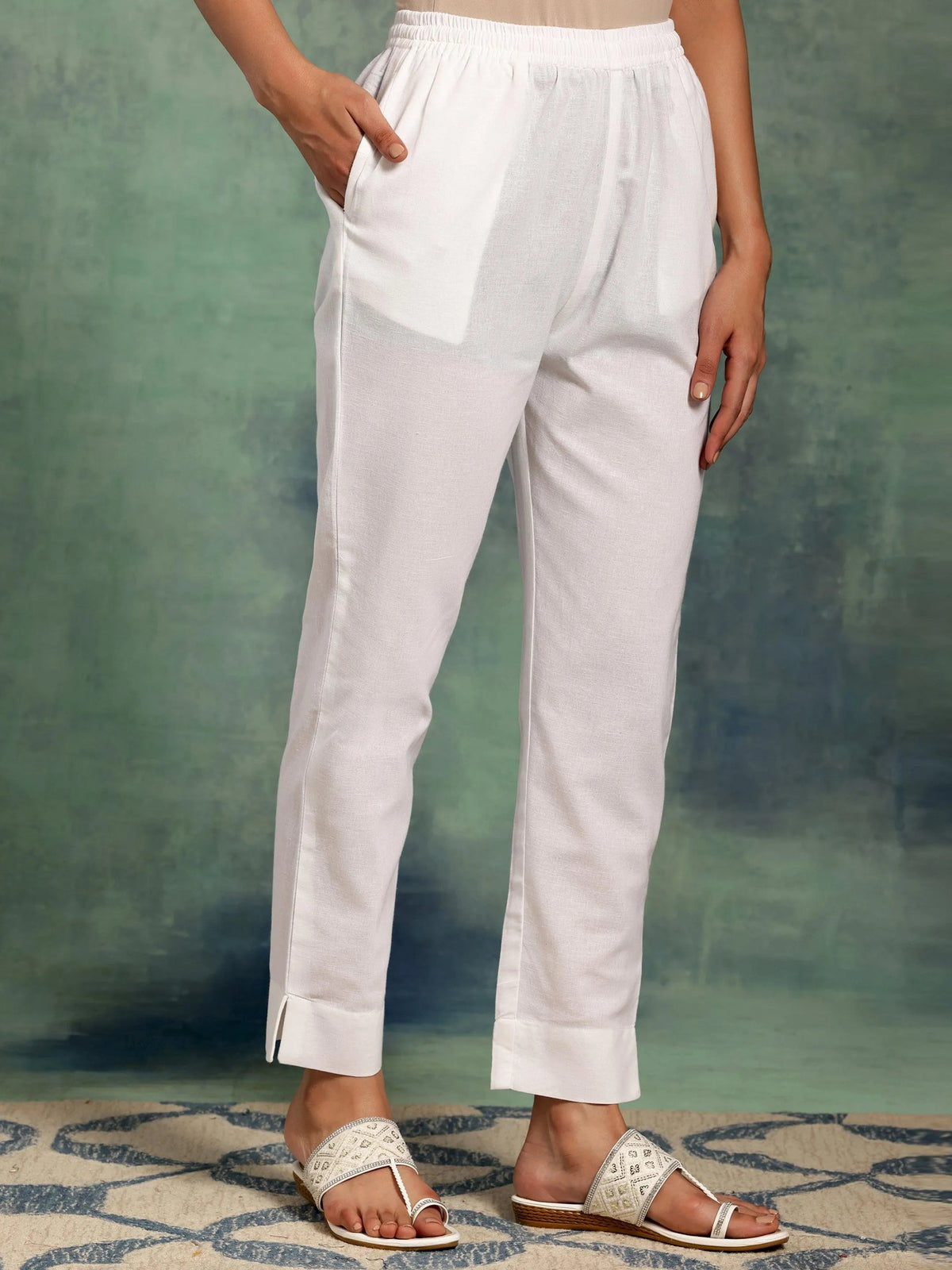 Anouk White Solid Cotton Straight Fit Trousers