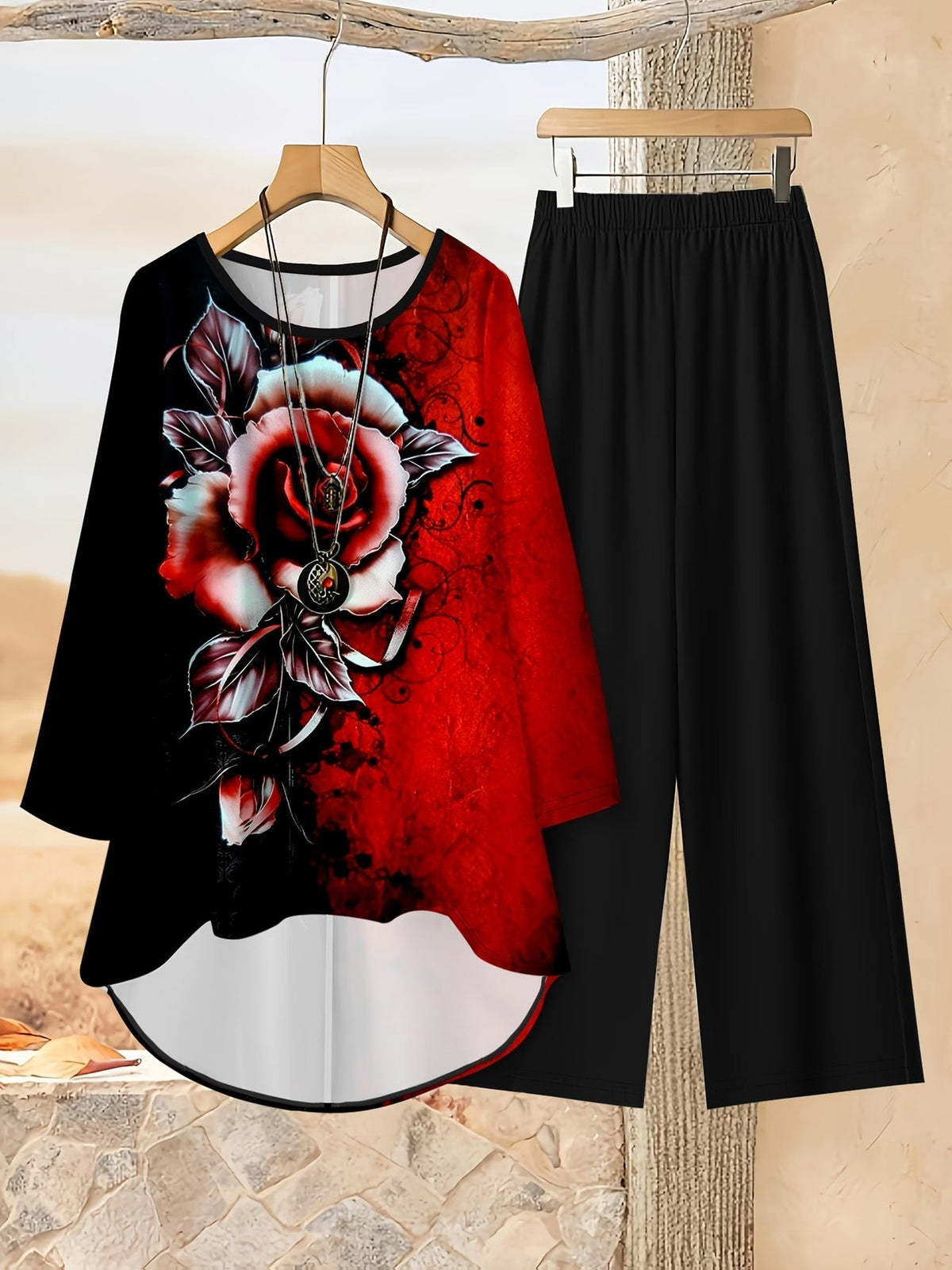 Loose Fit Irregular Print High-Low Hem Top with Solid Pants – Women’s Casual Two-Piece Outfit