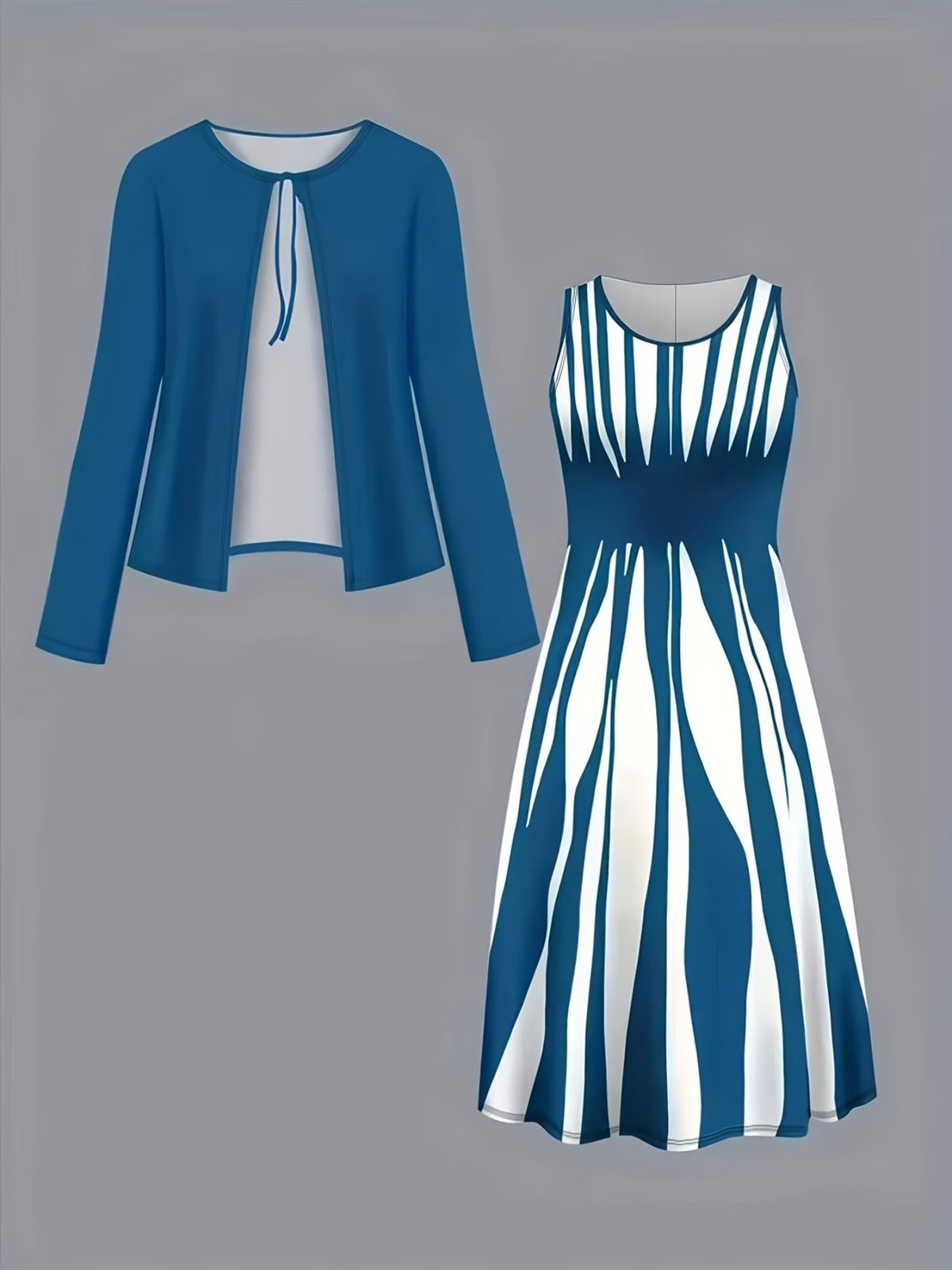 Elegant Layered Two-Piece Midi Dress Set with Tie-Front Cardigan – Flowy Printed Everyday & Occasion Wear