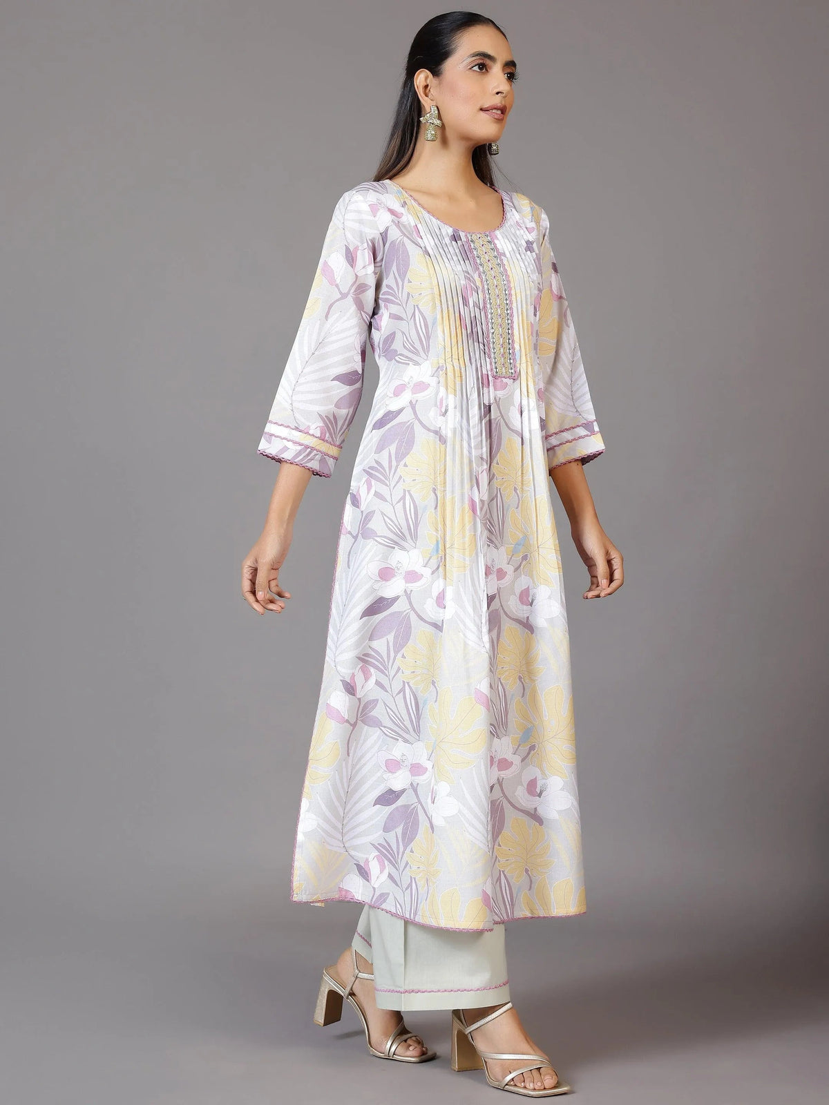 Anouk Grey Printed Cotton Blend A-Line Kurta With Palazzos & Dupatta