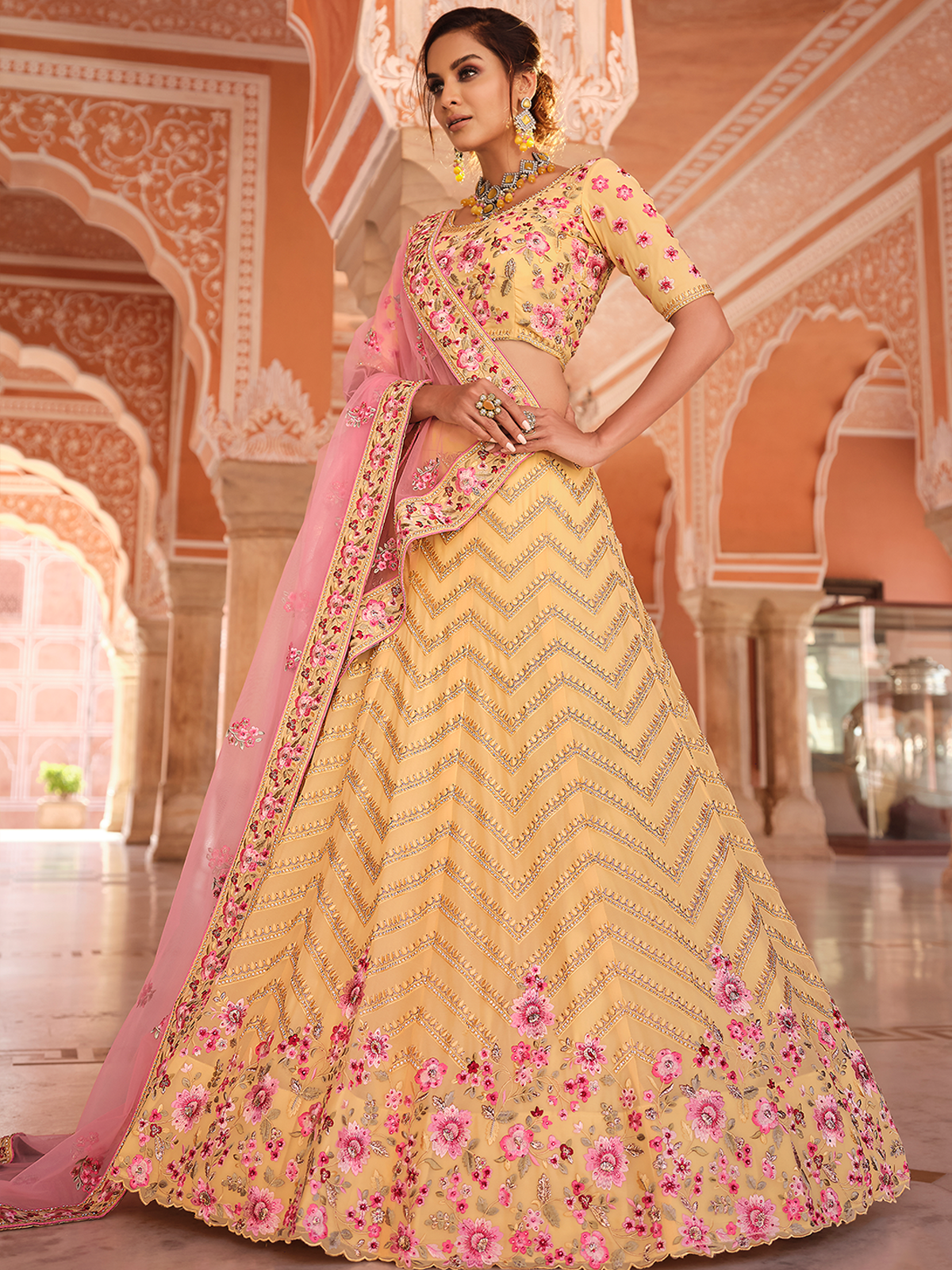 Yellow Embroidered Georgette Semi Stitched Lehenga With Unstitched Blouse