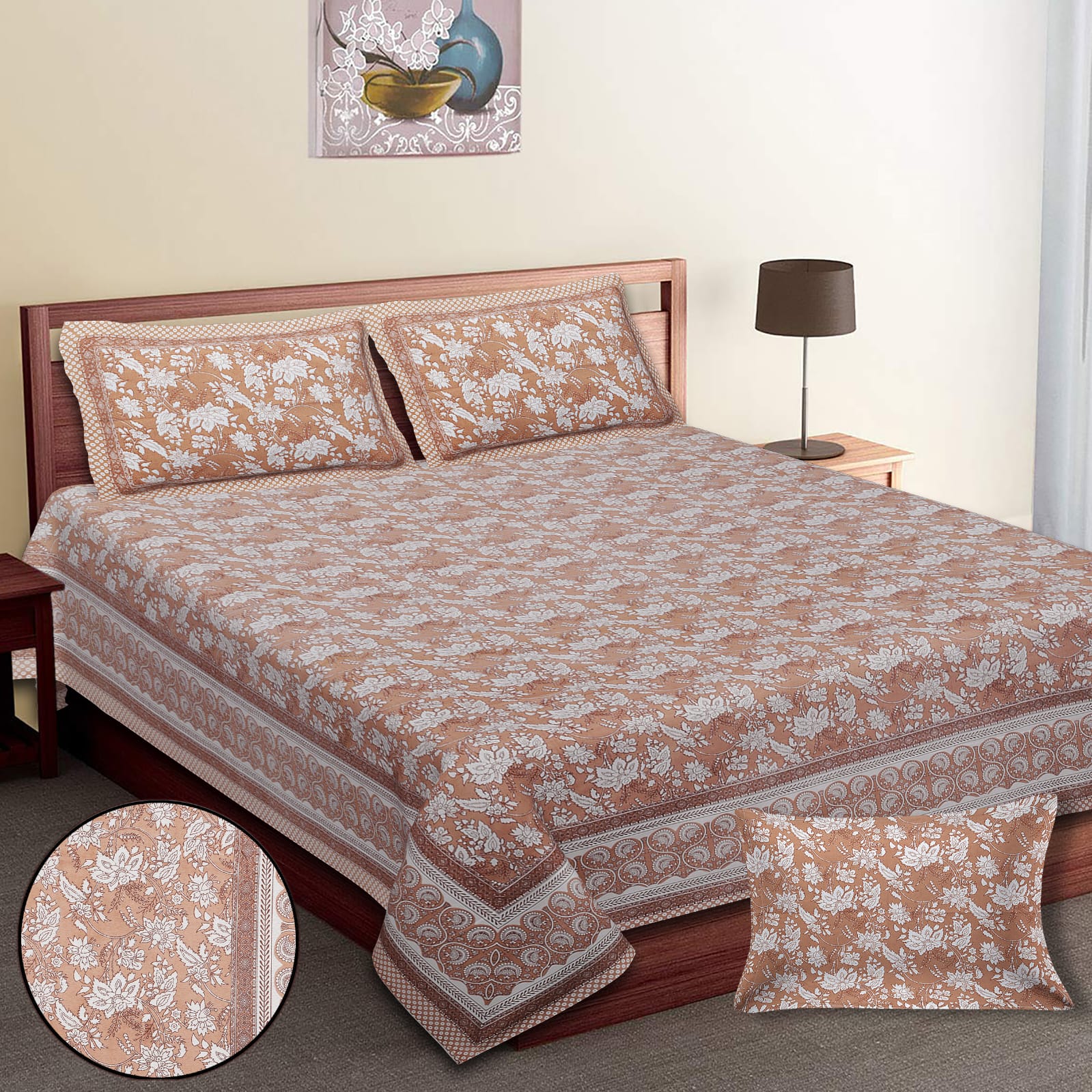 King-Size Cotton Bedsheet Set with Pillow Covers