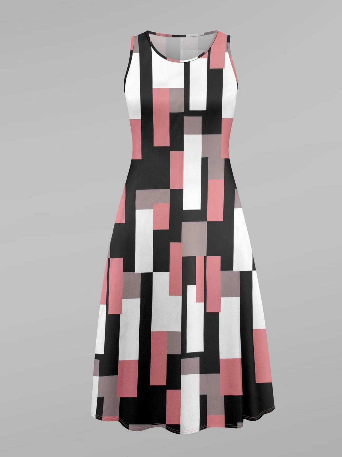 Elegant Geometric Print Dress with Stylish Color-Block Cardigan – Premium Two-Piece Women’s Set