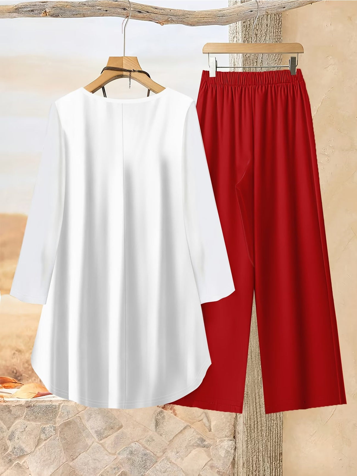 Loose Fit Irregular Print High-Low Hem Top with Solid Pants – Women’s Casual Two-Piece Outfit