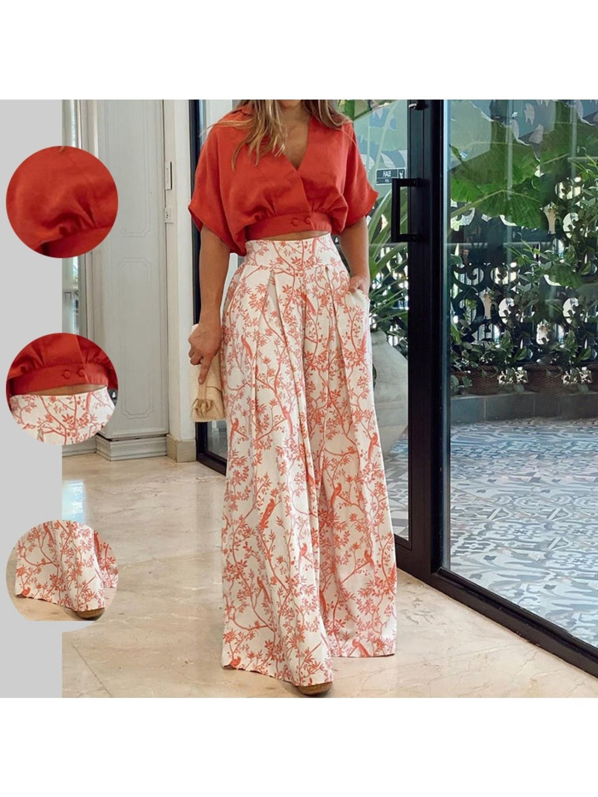 Elegant Printed Wide-Leg Pants Set – V-Neck Shirt Top Stylish Women’s Spring Casual Outfit