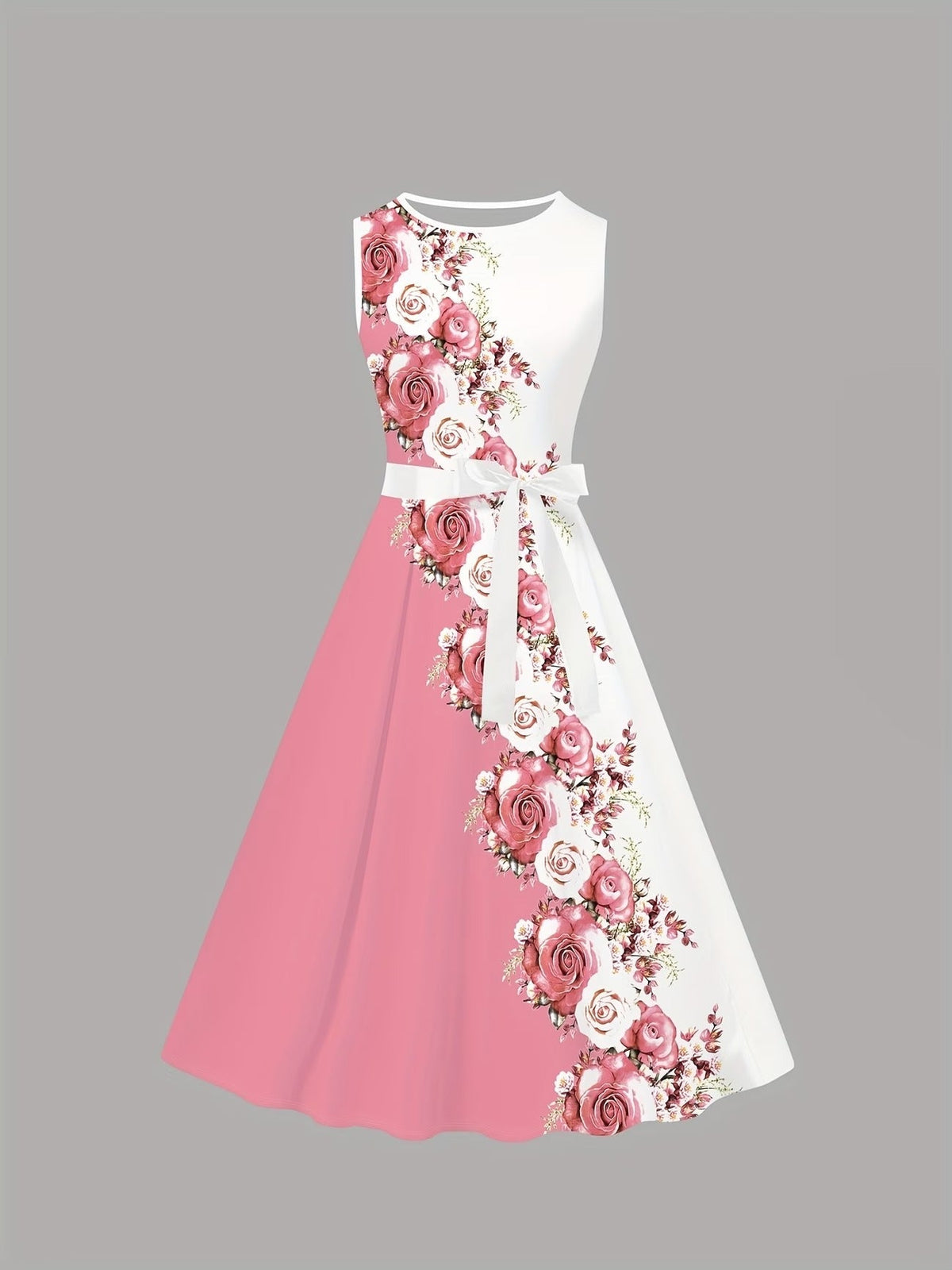 Women’s Pink & White Floral Dress with Short Jacket & Belt – Elegant 2 Piece Set
