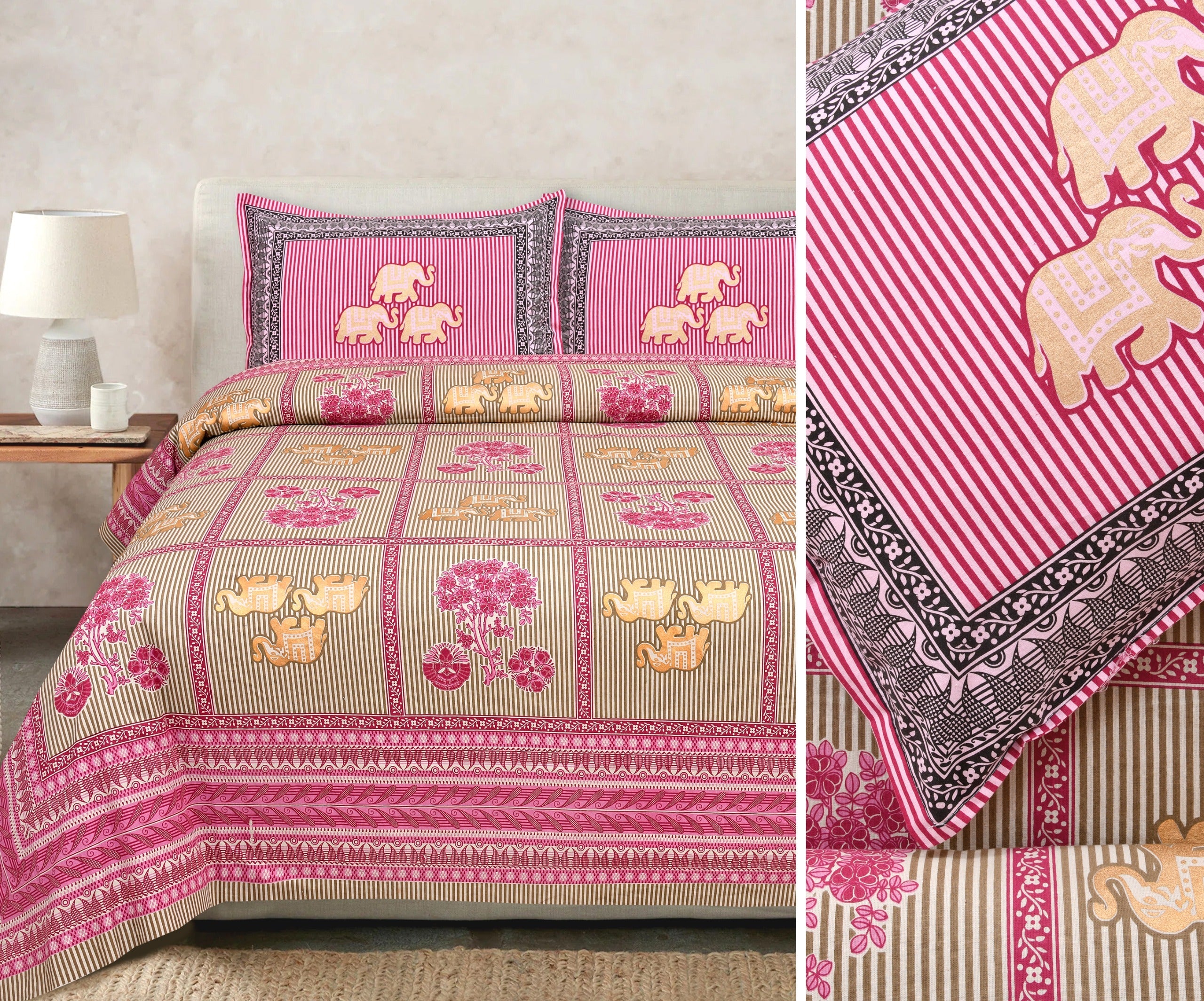 Gold-Print Cotton Bedsheet Set with Coordinated Pillow Covers