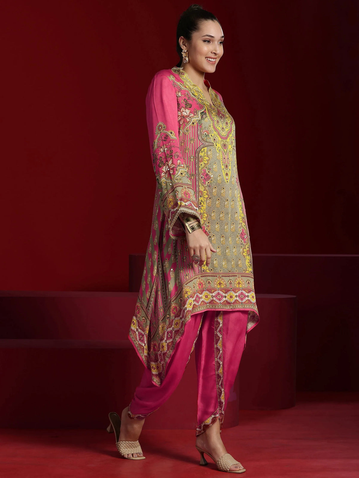 Anouk Art Coral Printed Silk Blend Straight Kurta Dhoti Pants