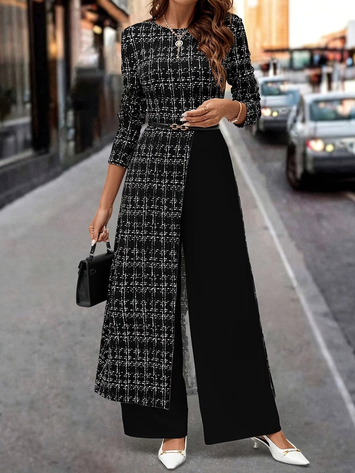 Chic Plaid Commuter Jumpsuit – Asymmetrical Design with Relaxed Straight-Leg Fit