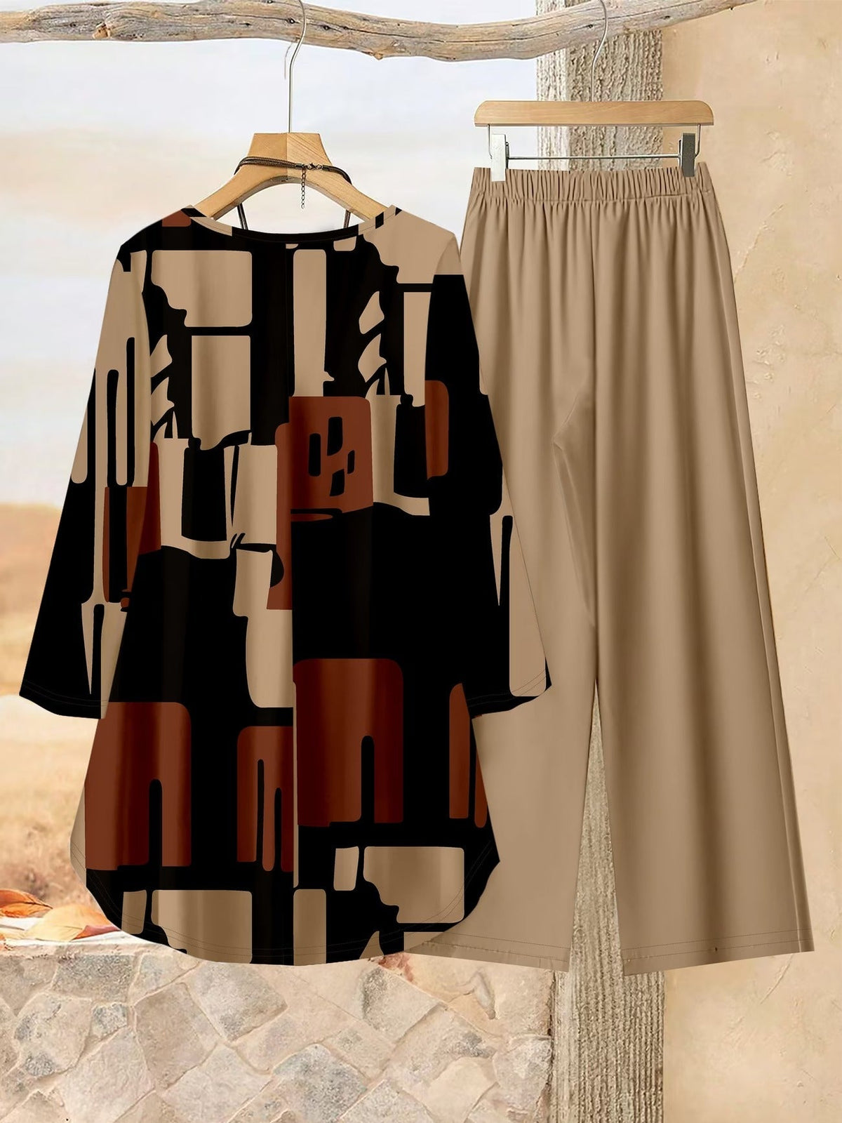 Loose Fit Irregular Print High-Low Hem Top with Solid Pants – Women’s Casual Two-Piece Outfit