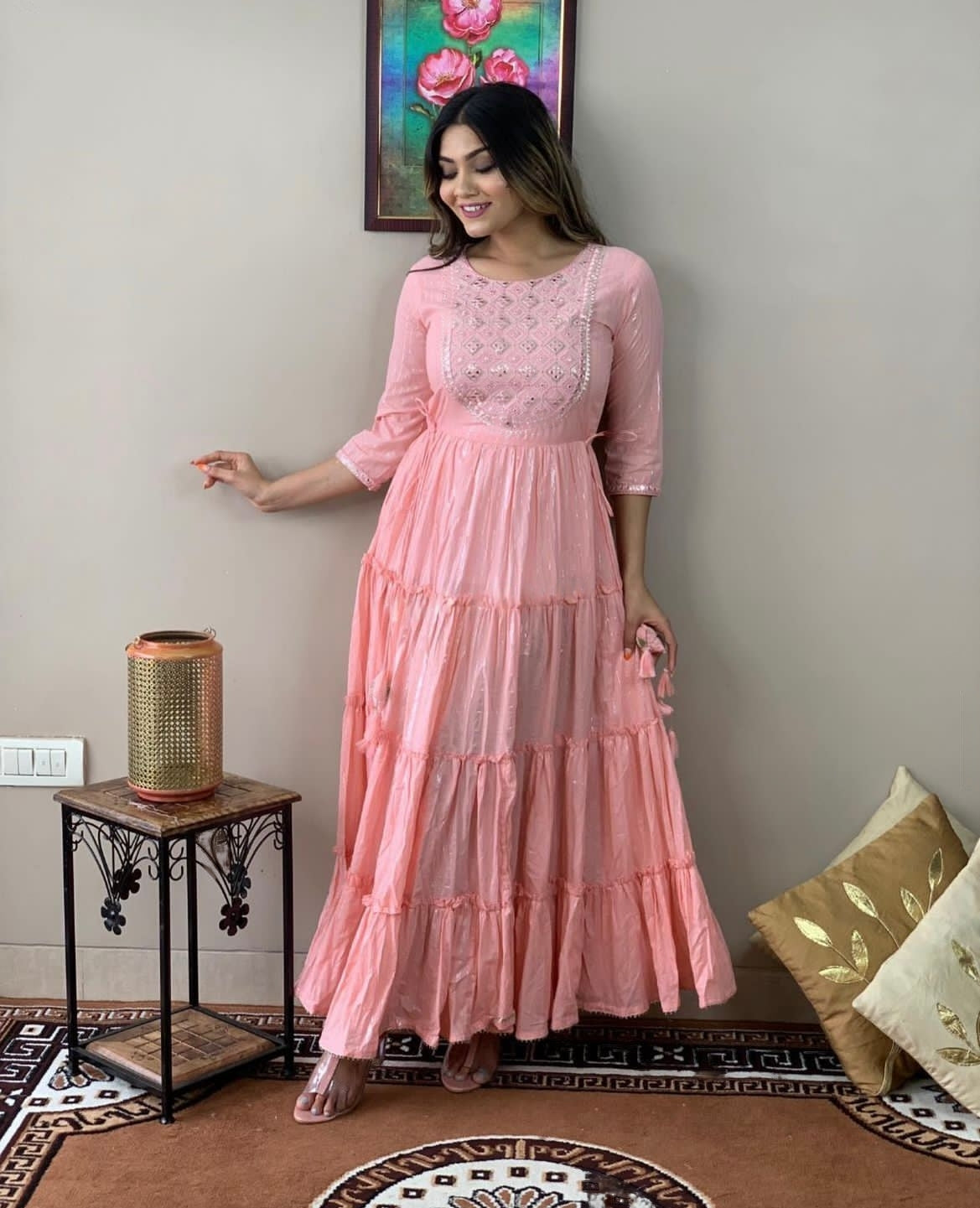 Ethereal Pink Floral Embroidered Rayon Lurex Long Gown