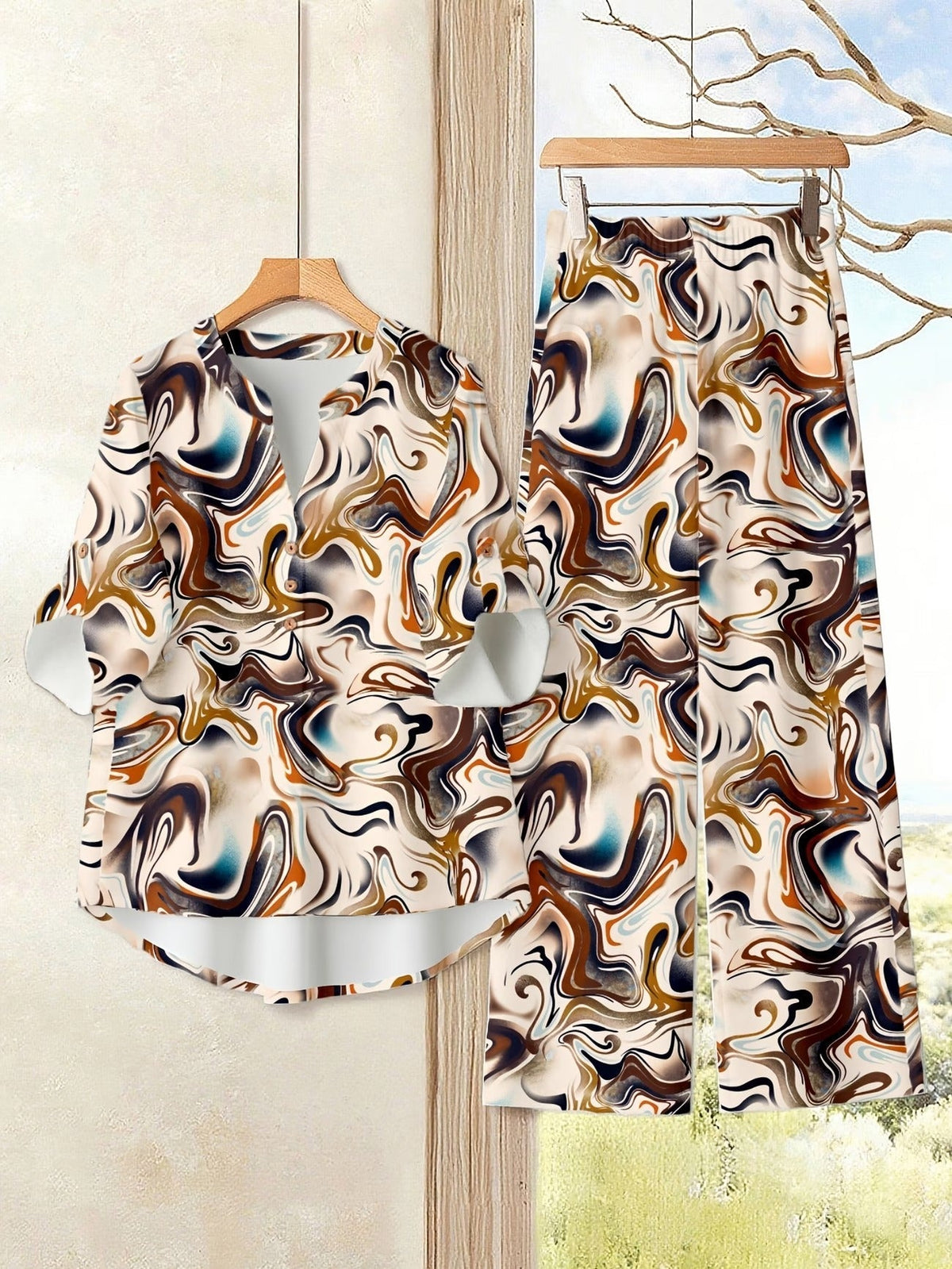 Women’s Floral Long-Sleeve Shirt with Printed Pants – Stylish Two-Piece Everyday Outfit (With Tie & Button Details)