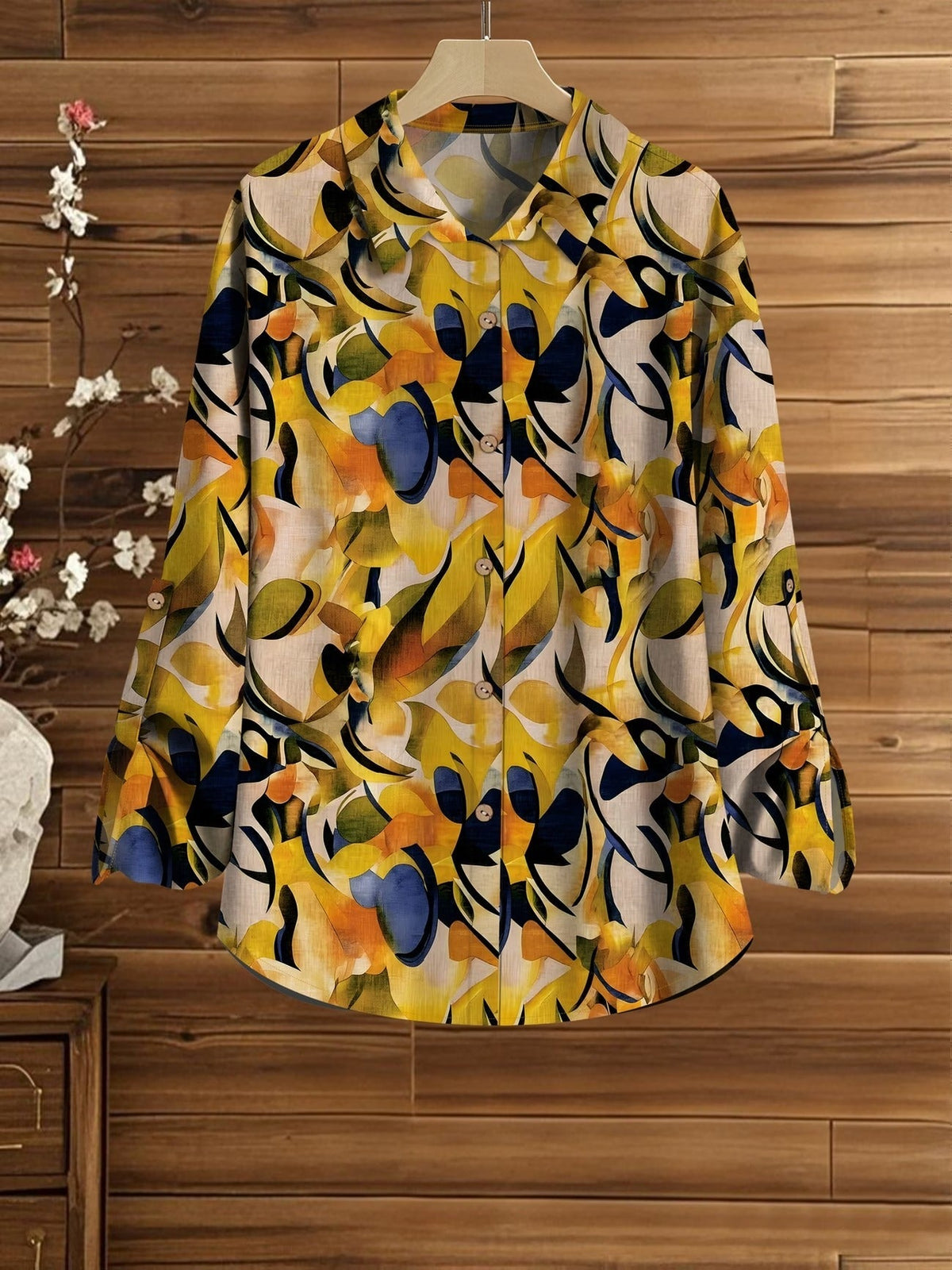 Women’s Floral Long-Sleeve Shirt with Printed Pants – Stylish Two-Piece Everyday Outfit (With Tie & Button Details)
