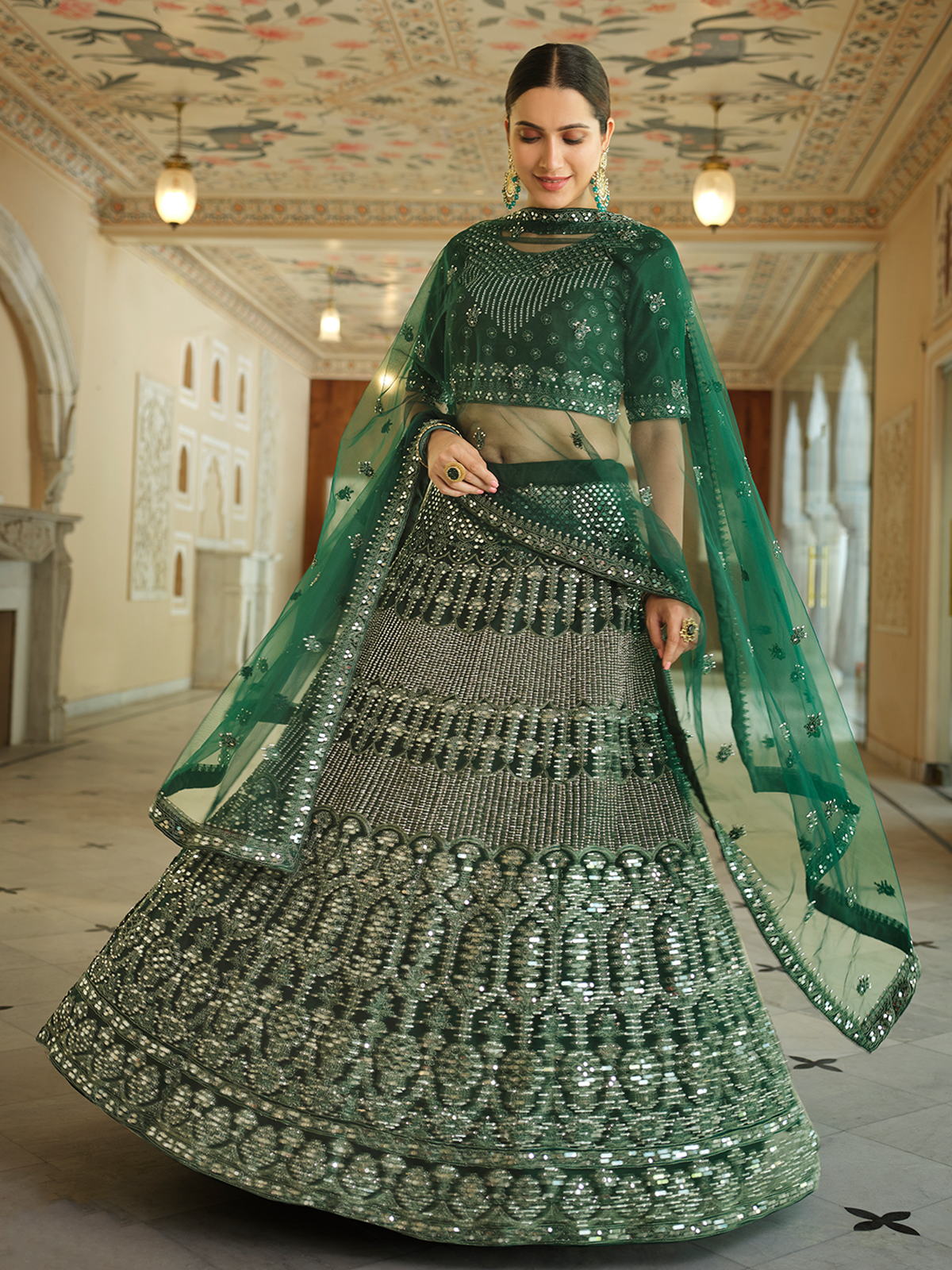 Green Embroidered Soft Net Semi Stitched Lehenga With Unstitched Blouse