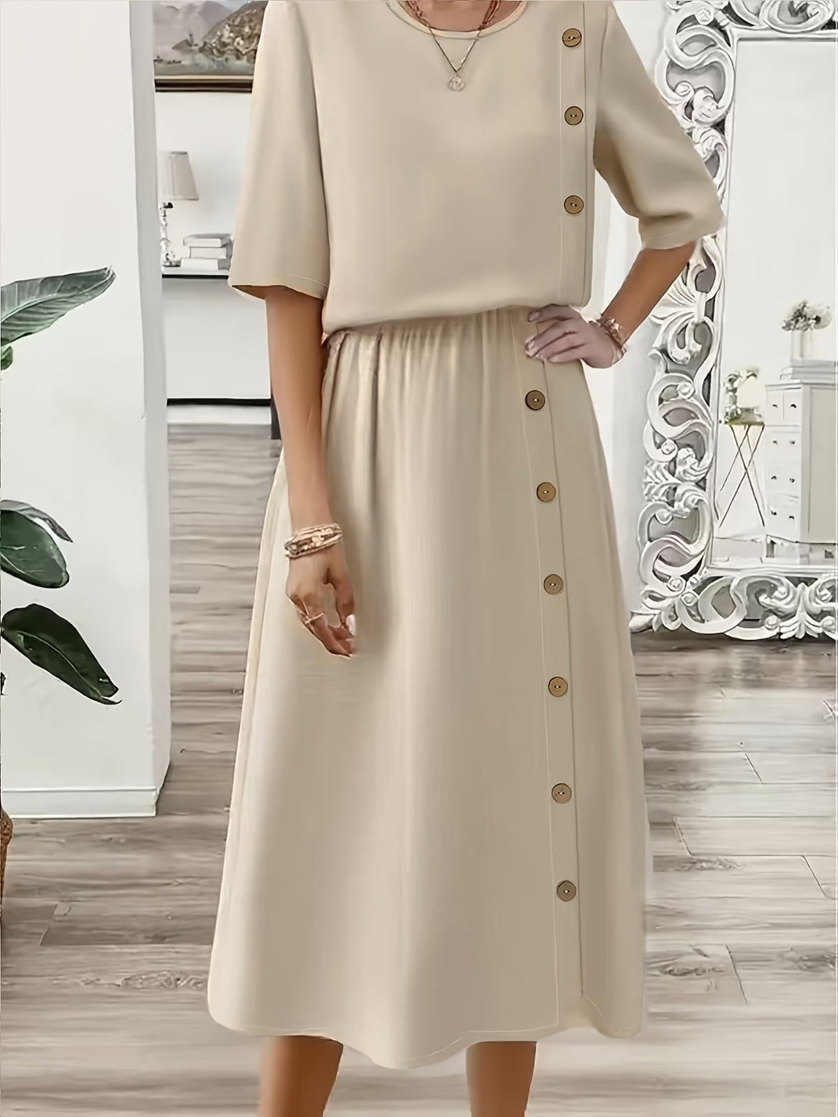 Elegant Summer Two-Piece Set – Round Neck Faux Button T-Shirt & Artistic Midi Skirt Outfit for Women