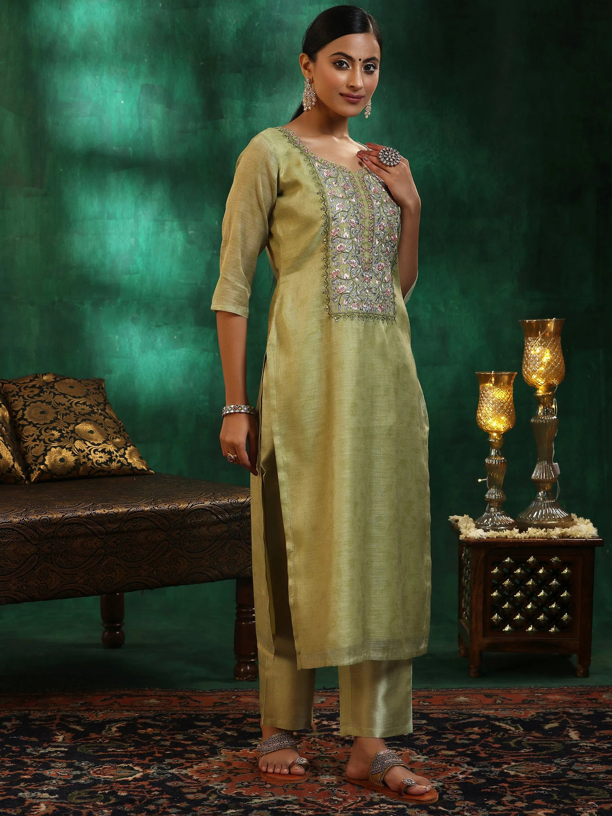 Anouk Green Yoke Design Silk Blend Straight Suit With Dupatta