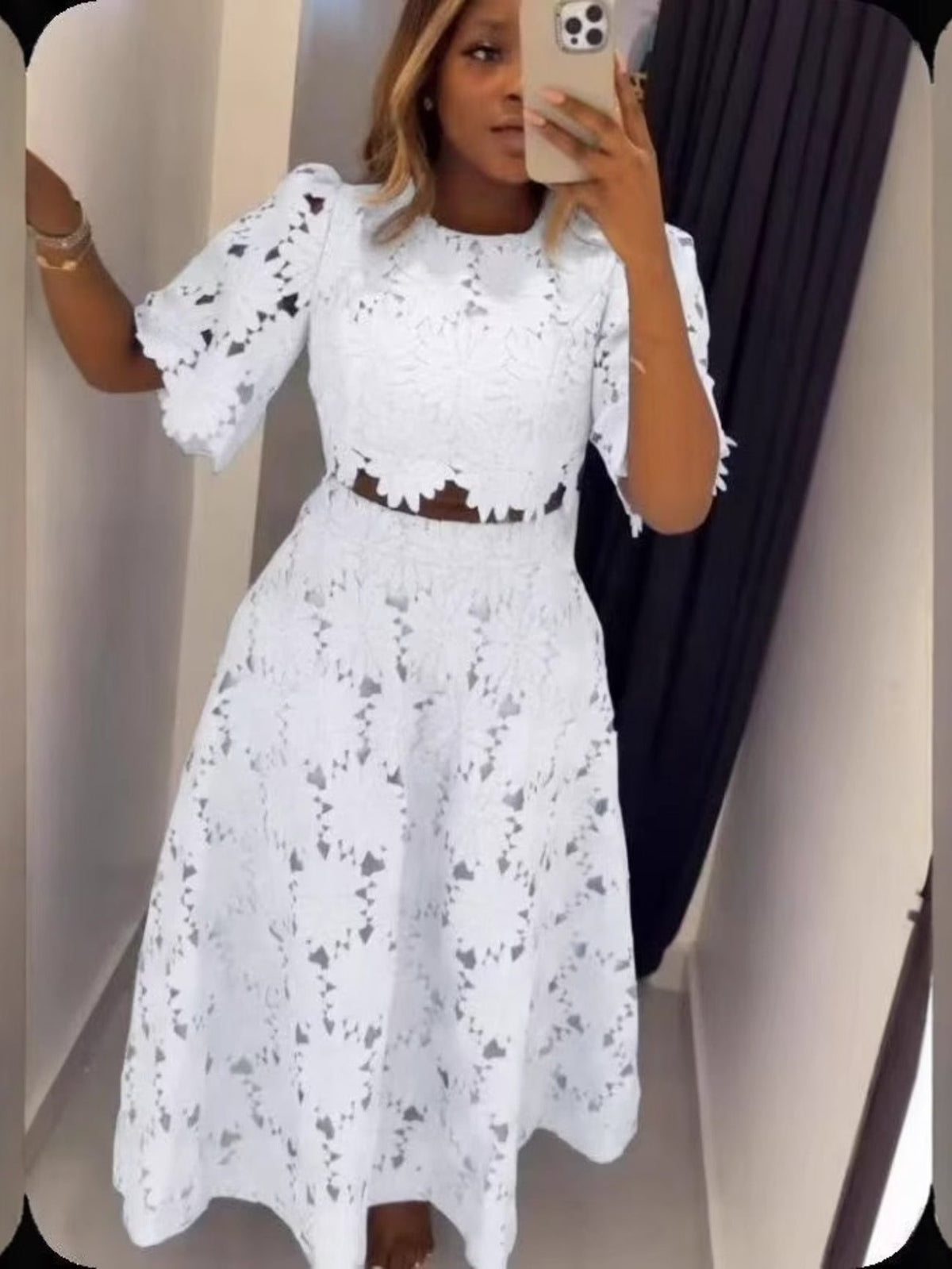 Plus Size Embroidered Hollow-Out Crop Top & Resort Skirt Set – Elegant Spring/Summer Party Outfit