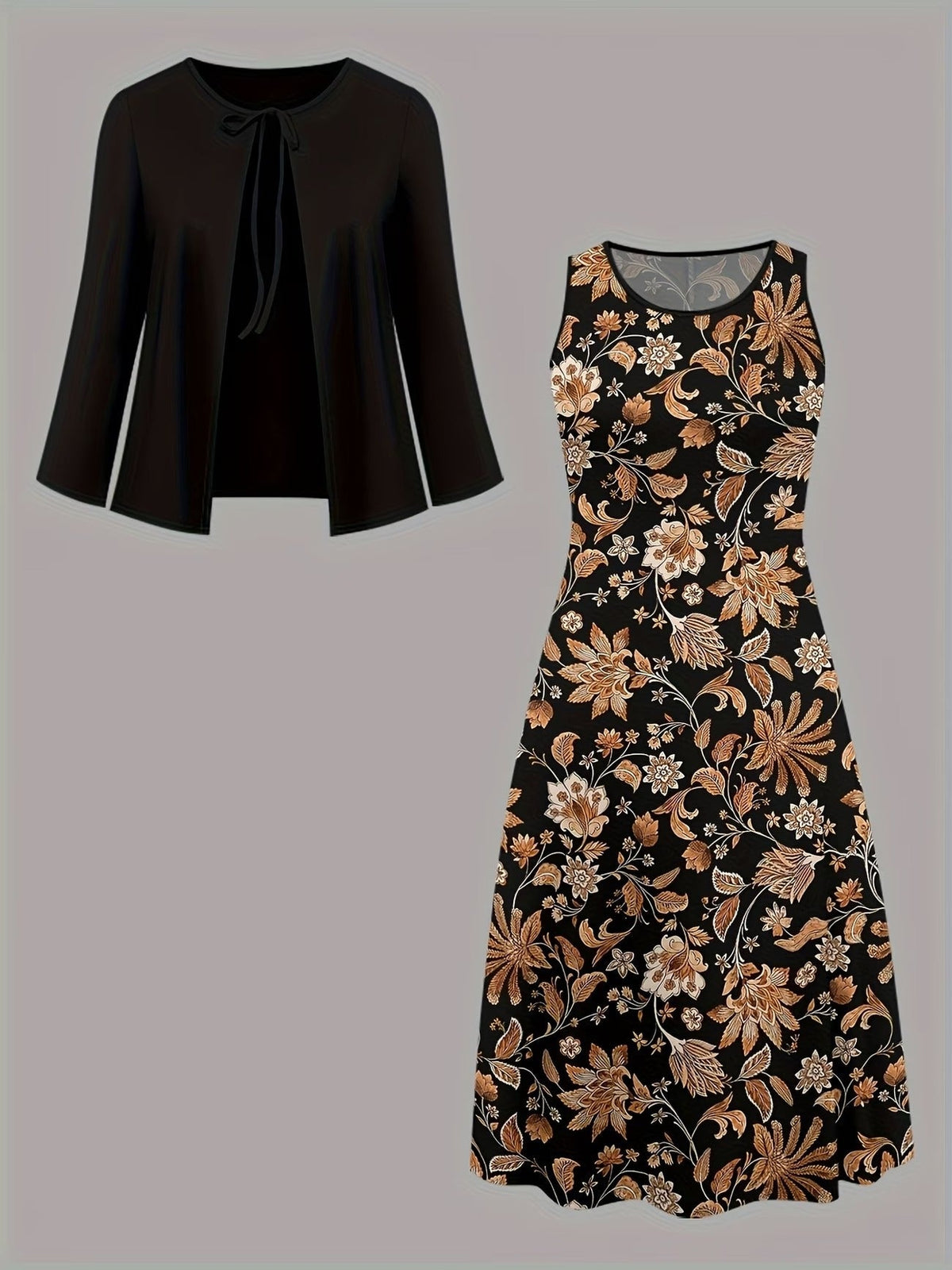 Elegant Layered Two-Piece Midi Dress Set with Tie-Front Cardigan – Flowy Printed Everyday & Occasion Wear