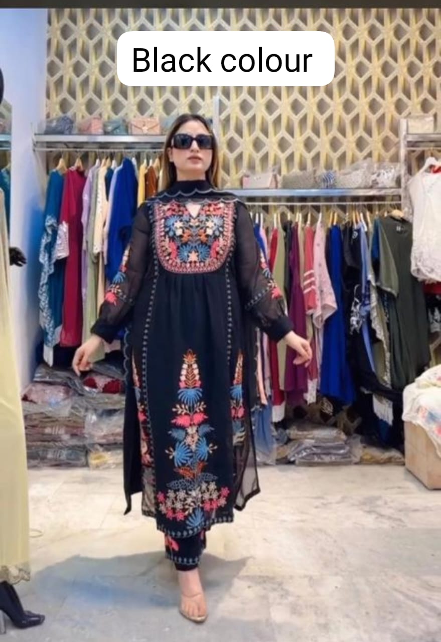 Black Georgette Kurti, Pant, and Dupatta Set with Embroidery and Mirror Work