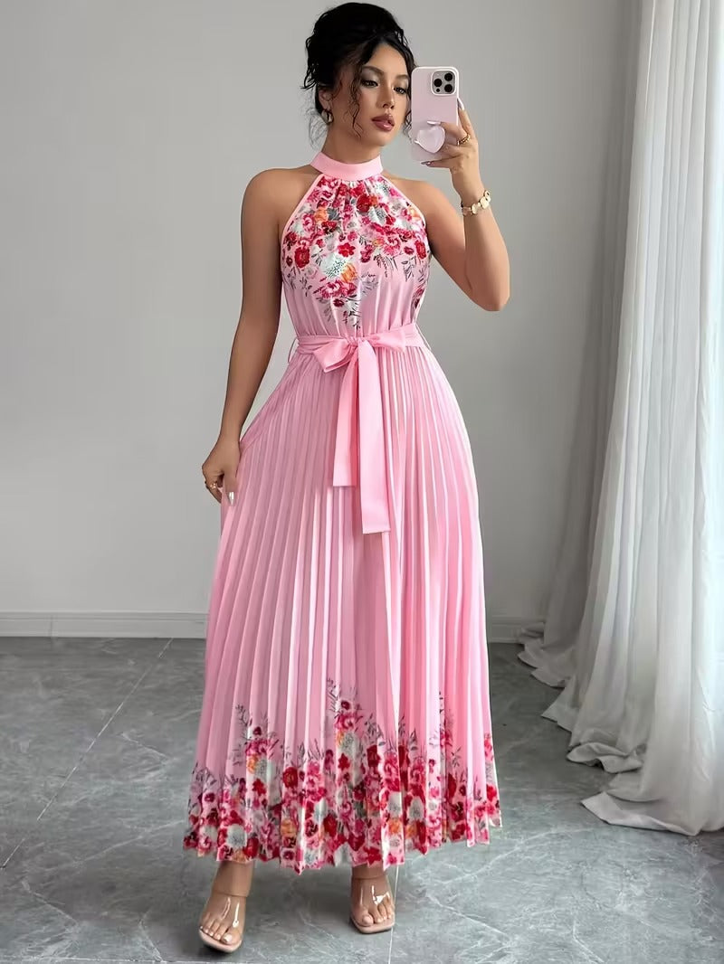 Elegant Floral Halter Neck Pleated Dress – Stylish & Comfortable Summer Outfit for Women