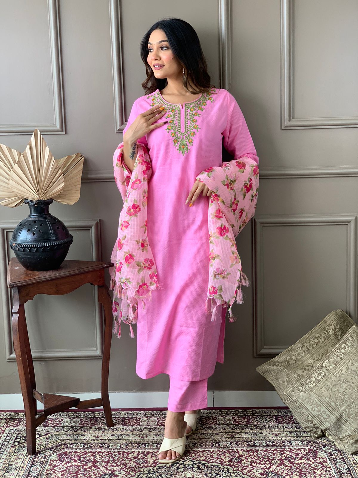Kantha Suit Set with Cotton Kurta, Embroidery Work, and Flower Kota Silk Dupatta