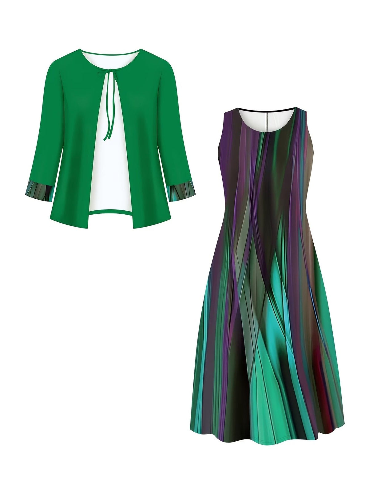 Elegant Layered Two-Piece Midi Dress Set with Tie-Front Cardigan – Flowy Printed Everyday & Occasion Wear