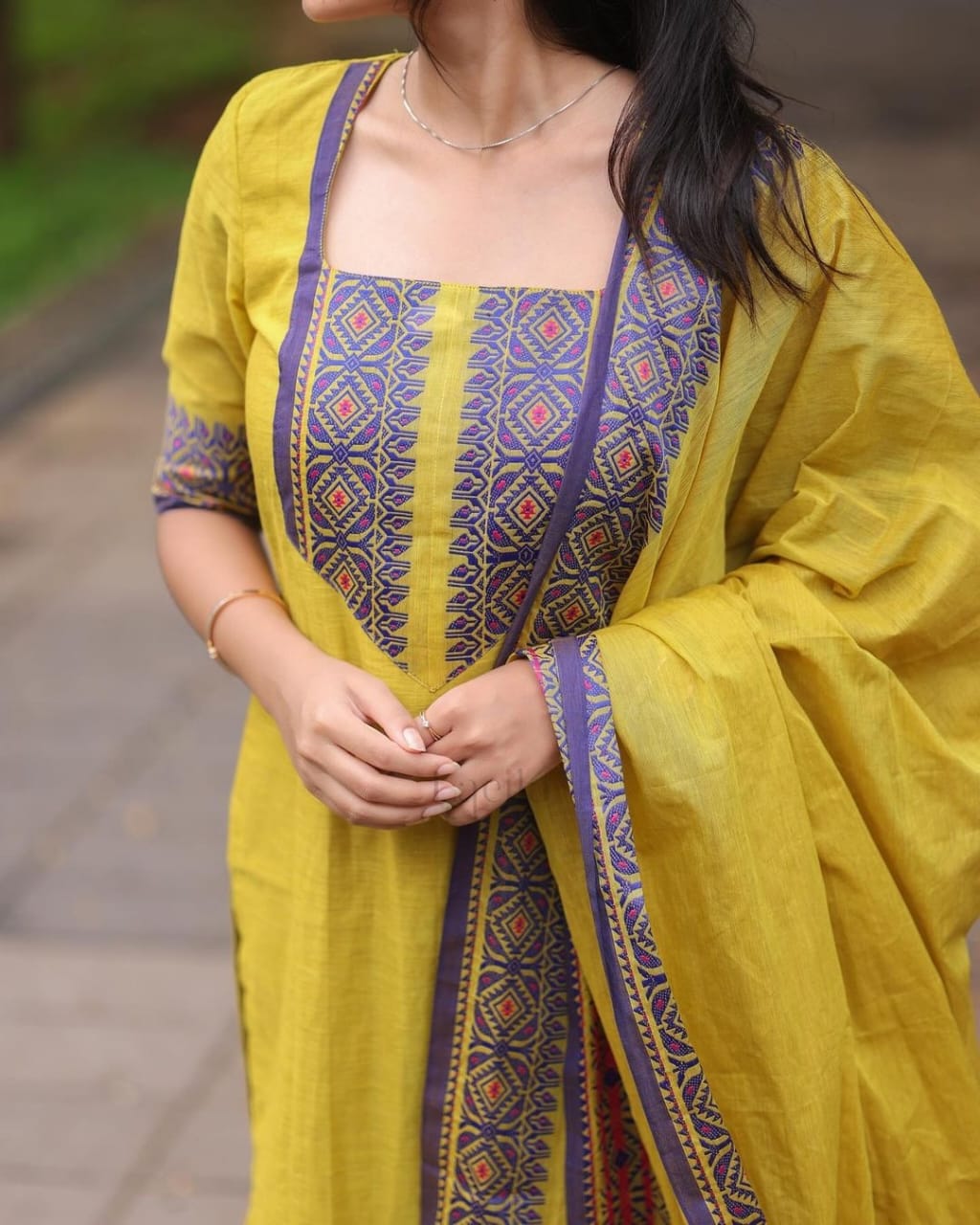 Kanchi Cotton Suit Set with Zari Weaving and South Indian Cultural Design
