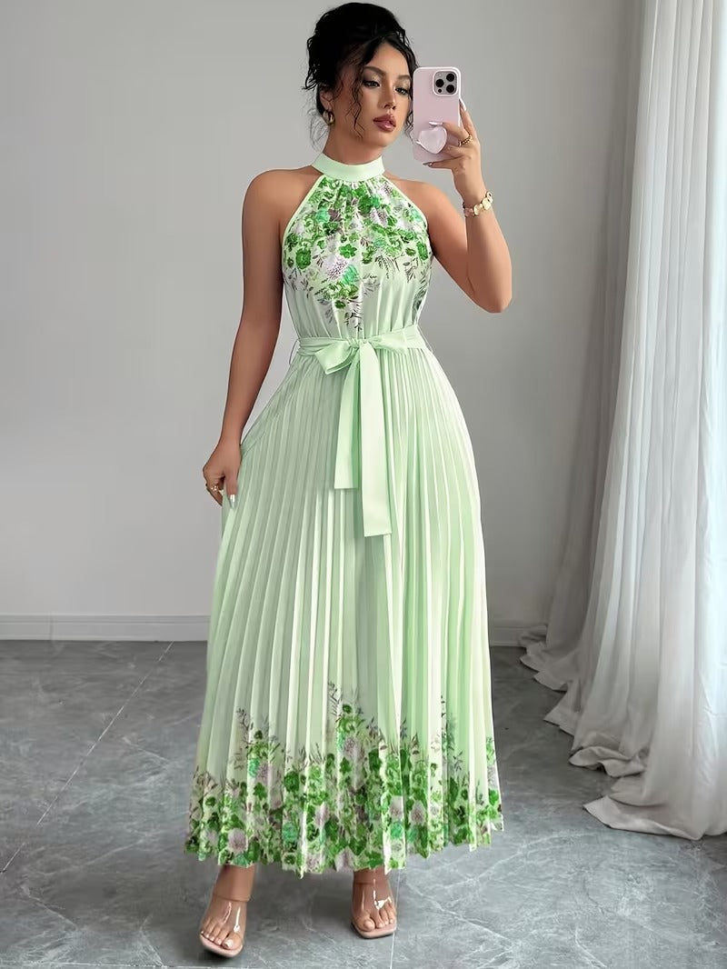 Elegant Floral Halter Neck Pleated Dress – Stylish & Comfortable Summer Outfit for Women