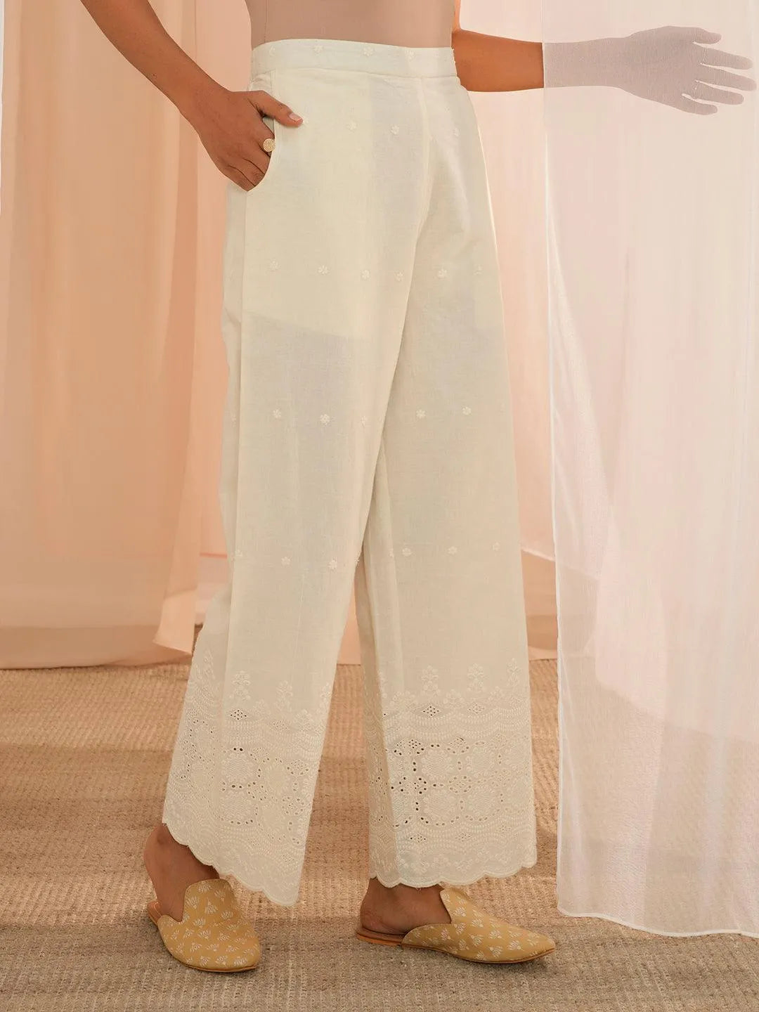 Anouk Off White Embroidered Cotton Wide Leg Palazzos