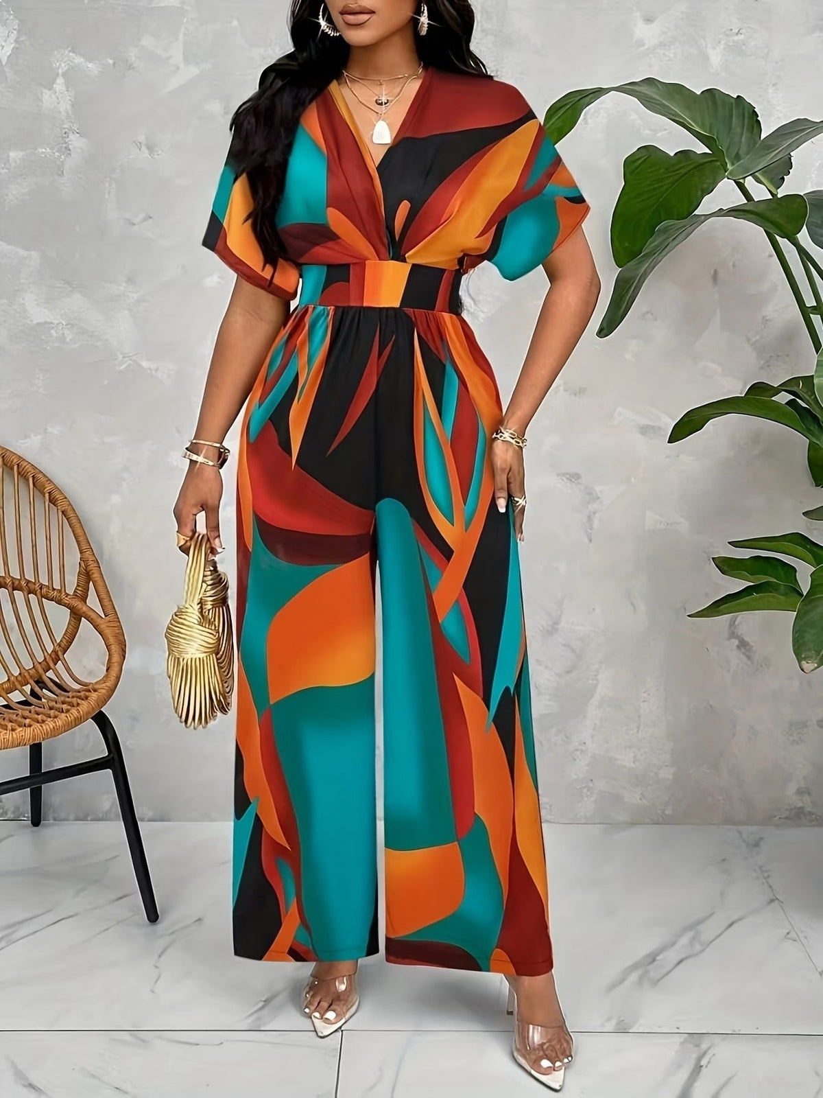 Elegant Women’s Batwing Sleeve Jumpsuit – V-Neck Abstract Print Wide-Leg Summer Outfit