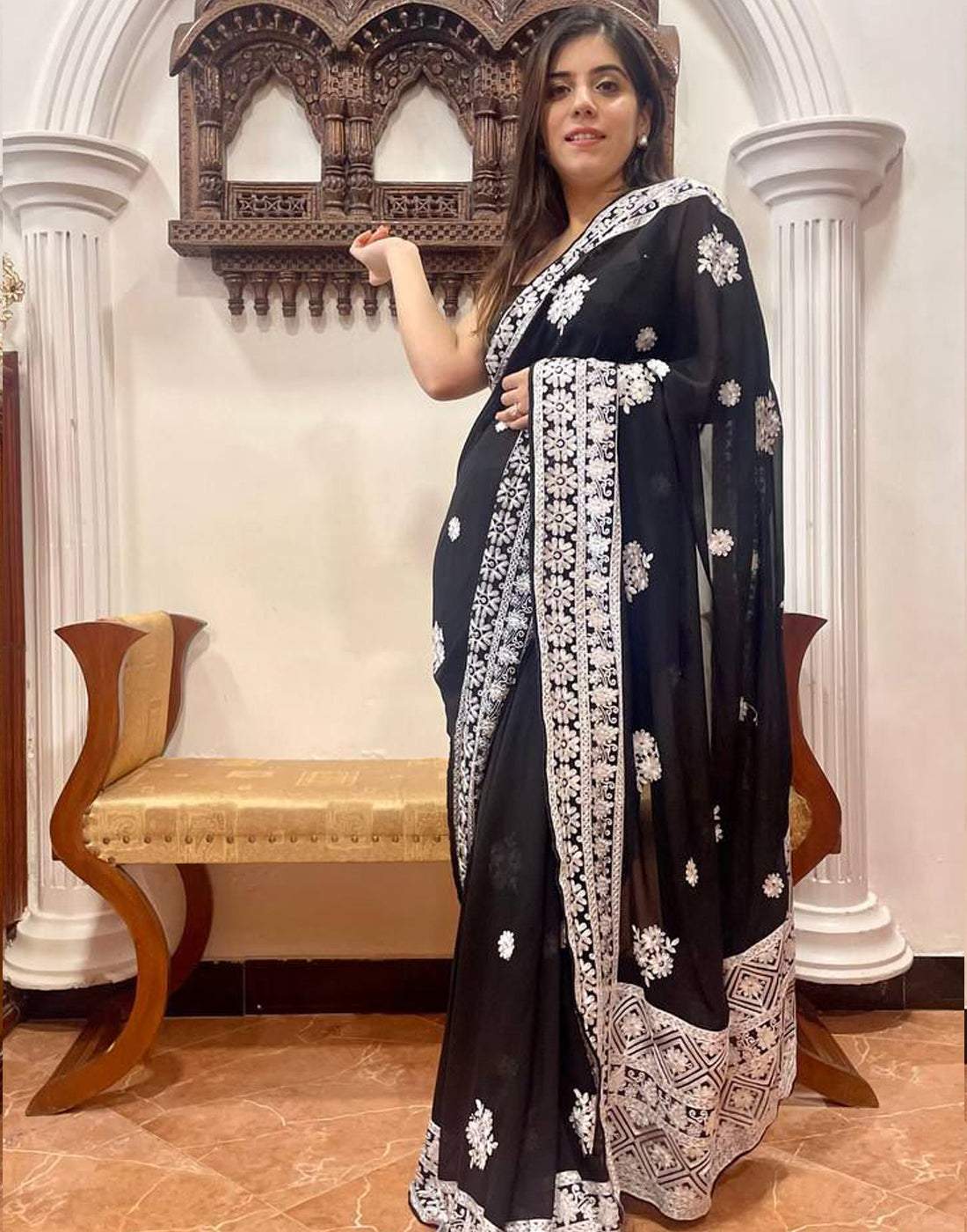 Black Georgette Saree with Beautiful Lucknowi Work and Silk Blouse for Wedding