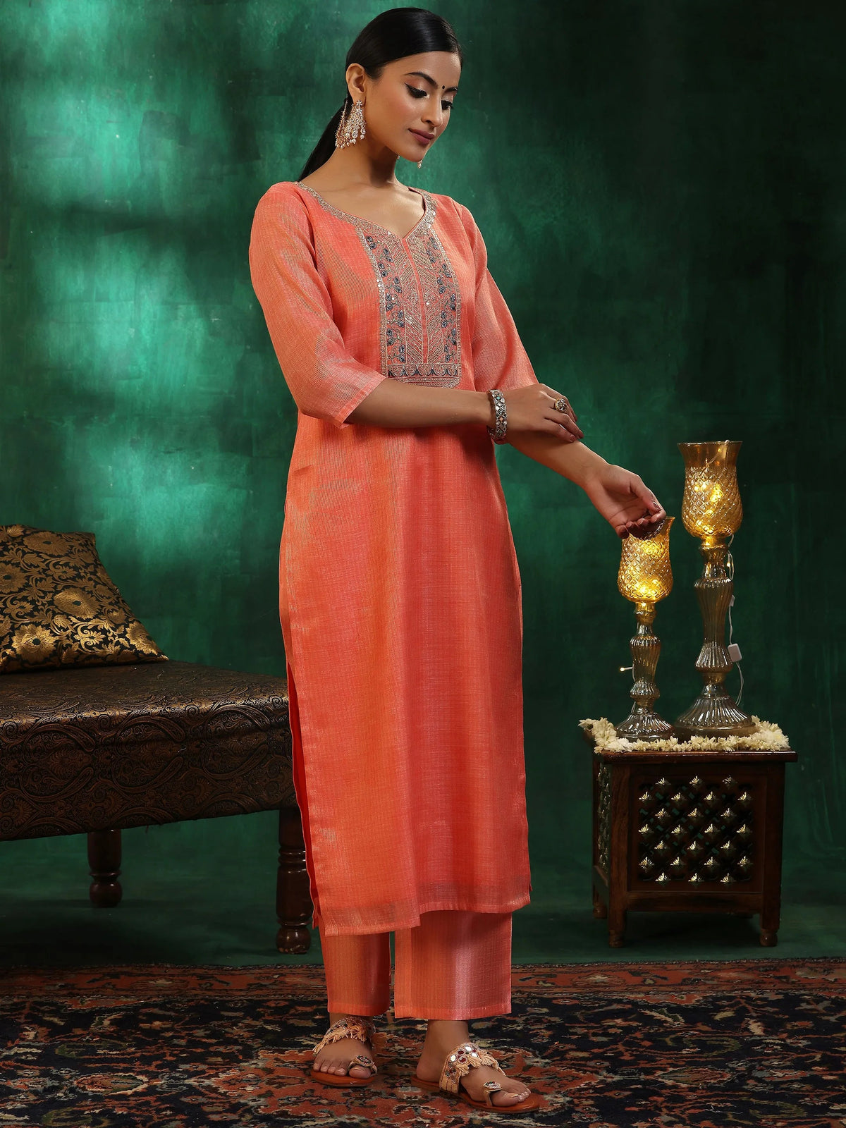 Anouk Peach Yoke Design Silk Blend Straight Suit With Dupatta
