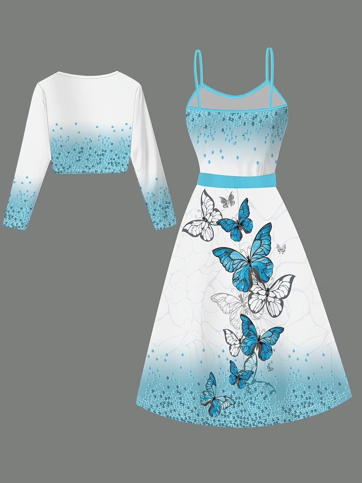 Women’s Elegant Butterfly Print Dress with Short Jacket & Belt – Stylish 2 Piece Set