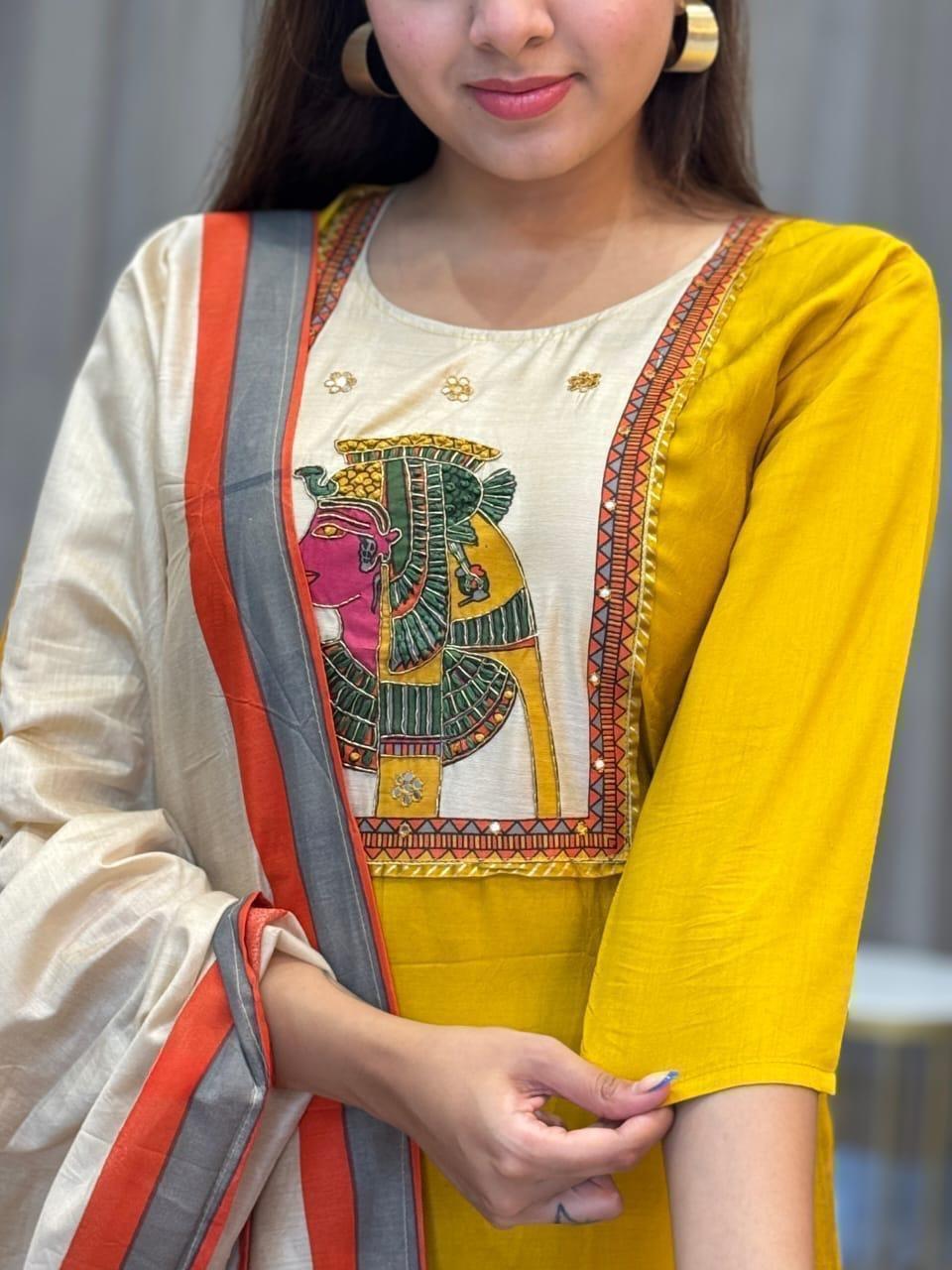 Chinon & Egyptian Print Silk Three-Piece Suit – Kurta, Pant & Dupatta