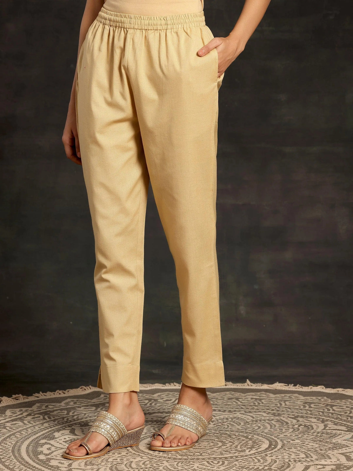 Anouk Cream Solid Cotton Straight Fit Trousers