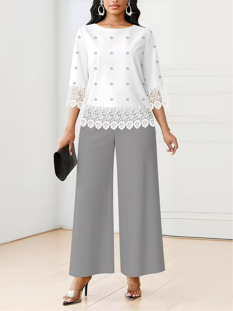Chic Polka Dot Lace Co-Ord Set – Elegant Round Neck Top with Relaxed Fit Solid Trousers