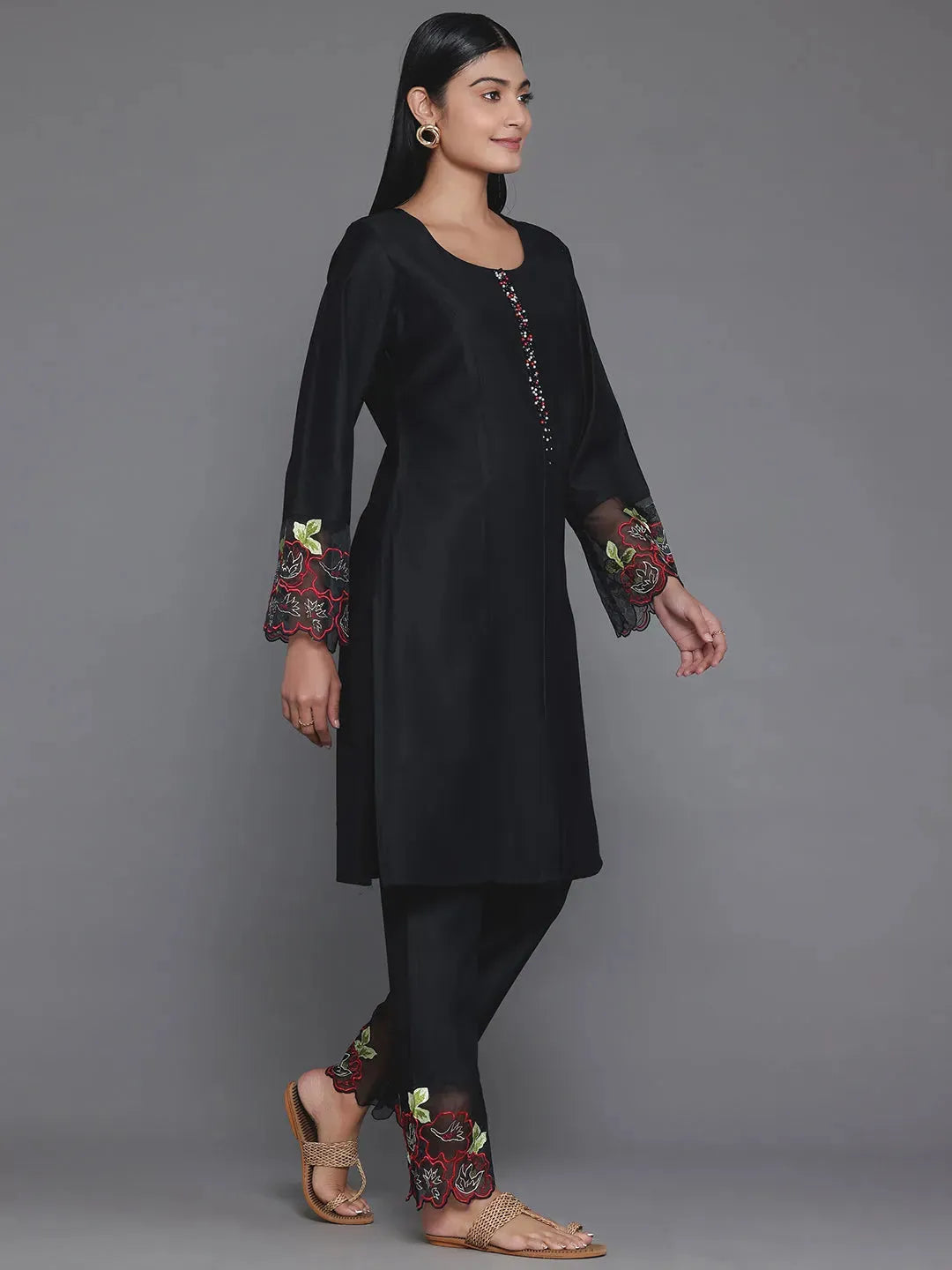 Anouk Black Solid Silk Blend Straight Suit With Dupatta