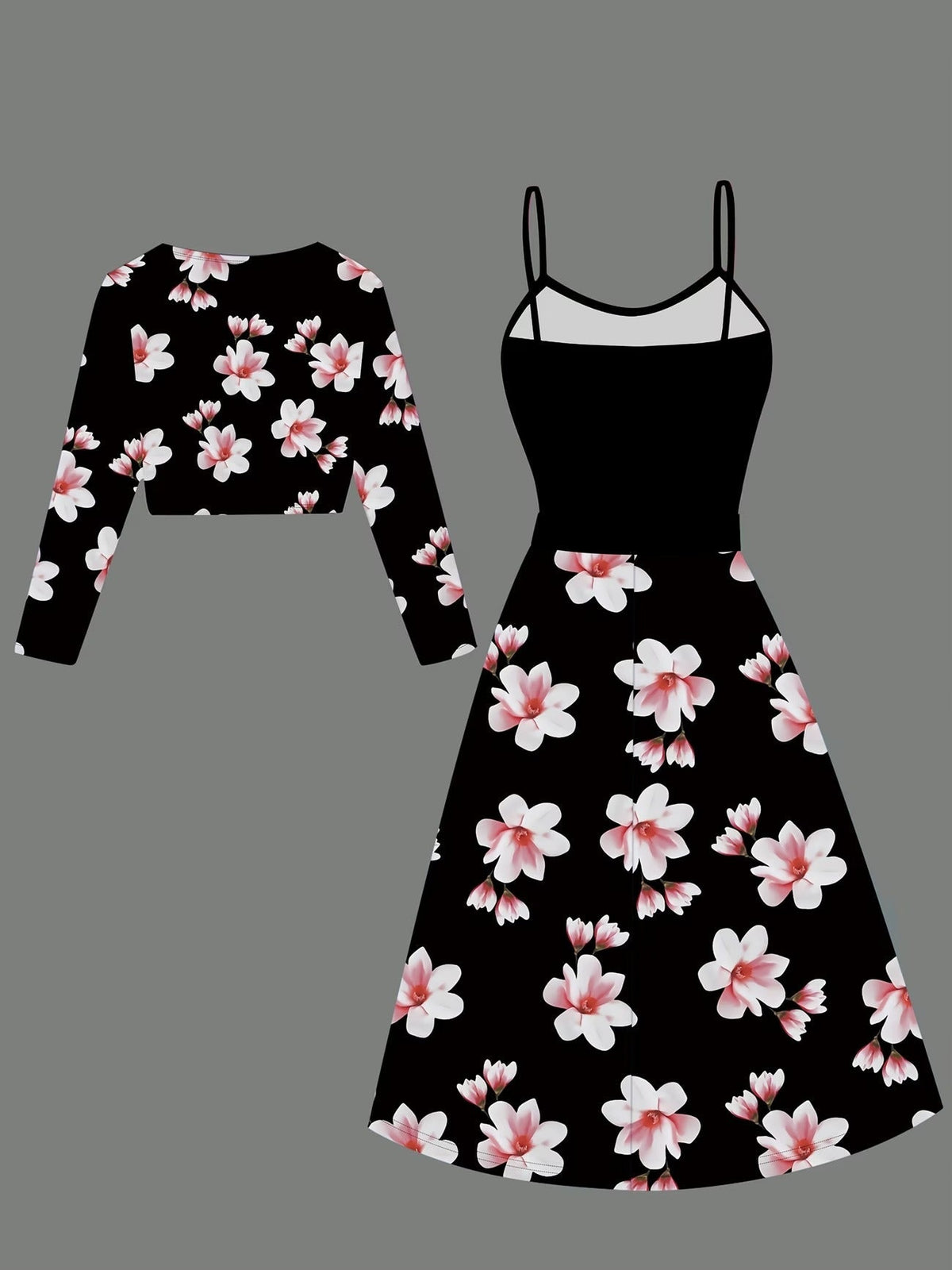 Elegant Belted Short Jacket with Floral Print Slip Dress – Stylish Two-Piece Women’s Set