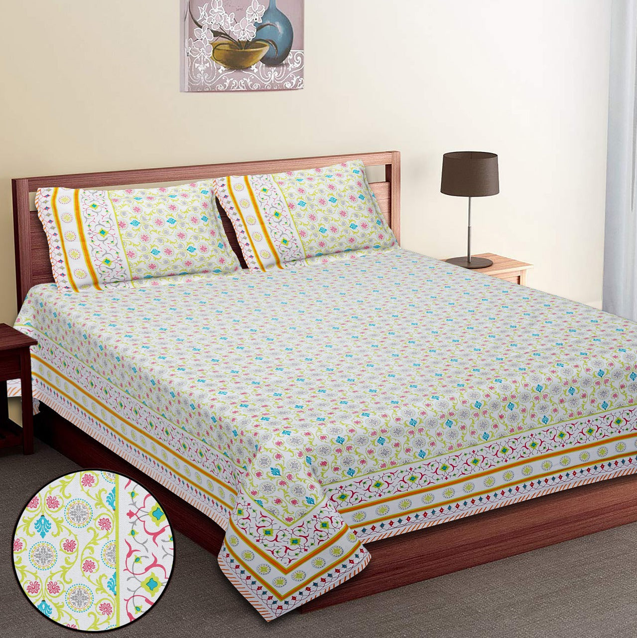King-Size Bed Sheet Set with 2 Pillow Covers (Cotton Autoloom Fabric)