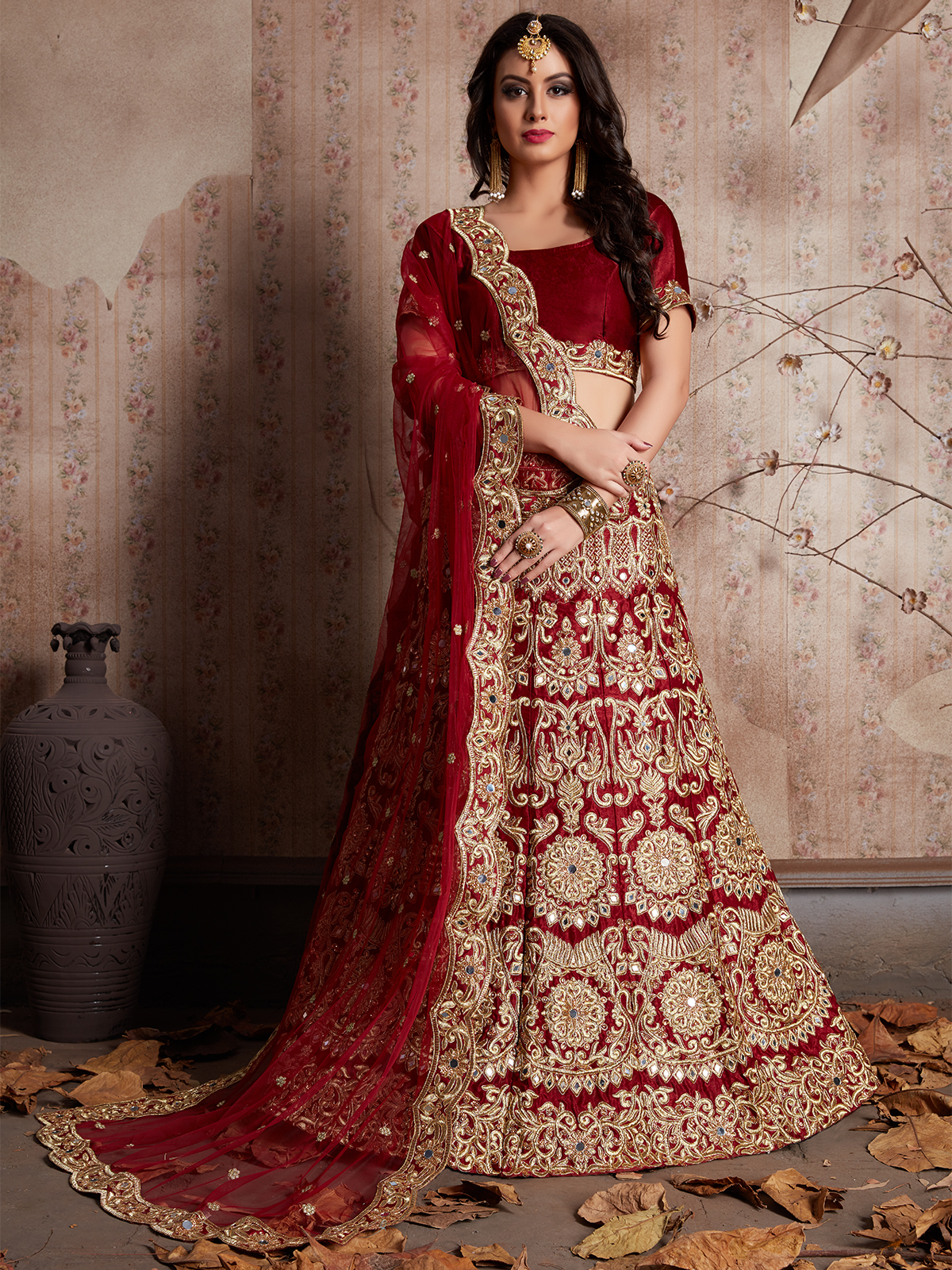 Maroon Embroidered Semi Stitched Lehenga With Unstitched Blouse