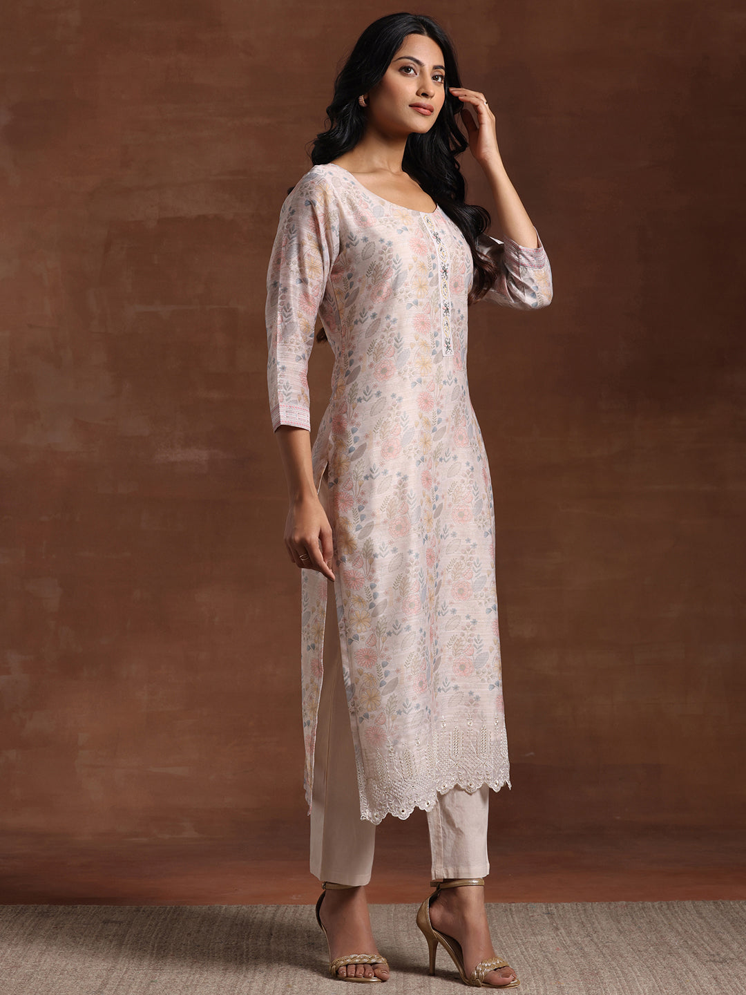Anouk Beige Printed Chanderi Silk Straight Suit With Dupatta