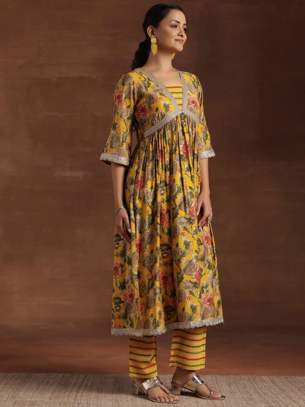 Anouk Yellow Printed Silk Blend A-Line Kurta With Trousers & Dupatta