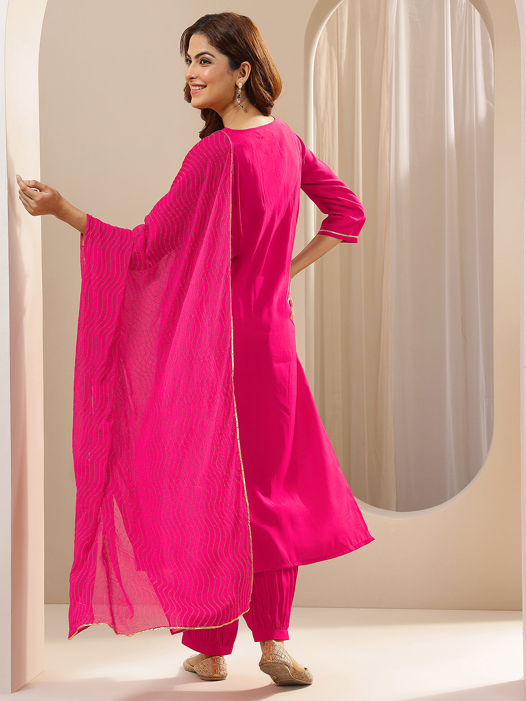 Anouk Pink Solid Silk Blend Straight Suit Sets With Dupatta
