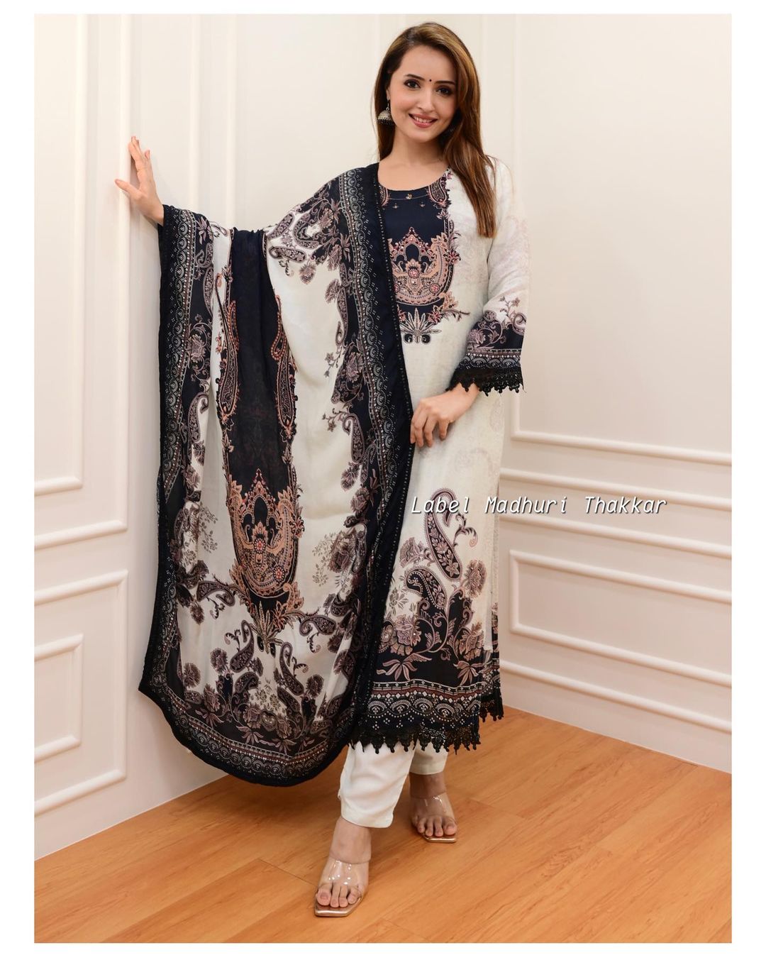 Ivory Muslin Pakistani Suit with Digital Prints and Shifli Chikankari Lace